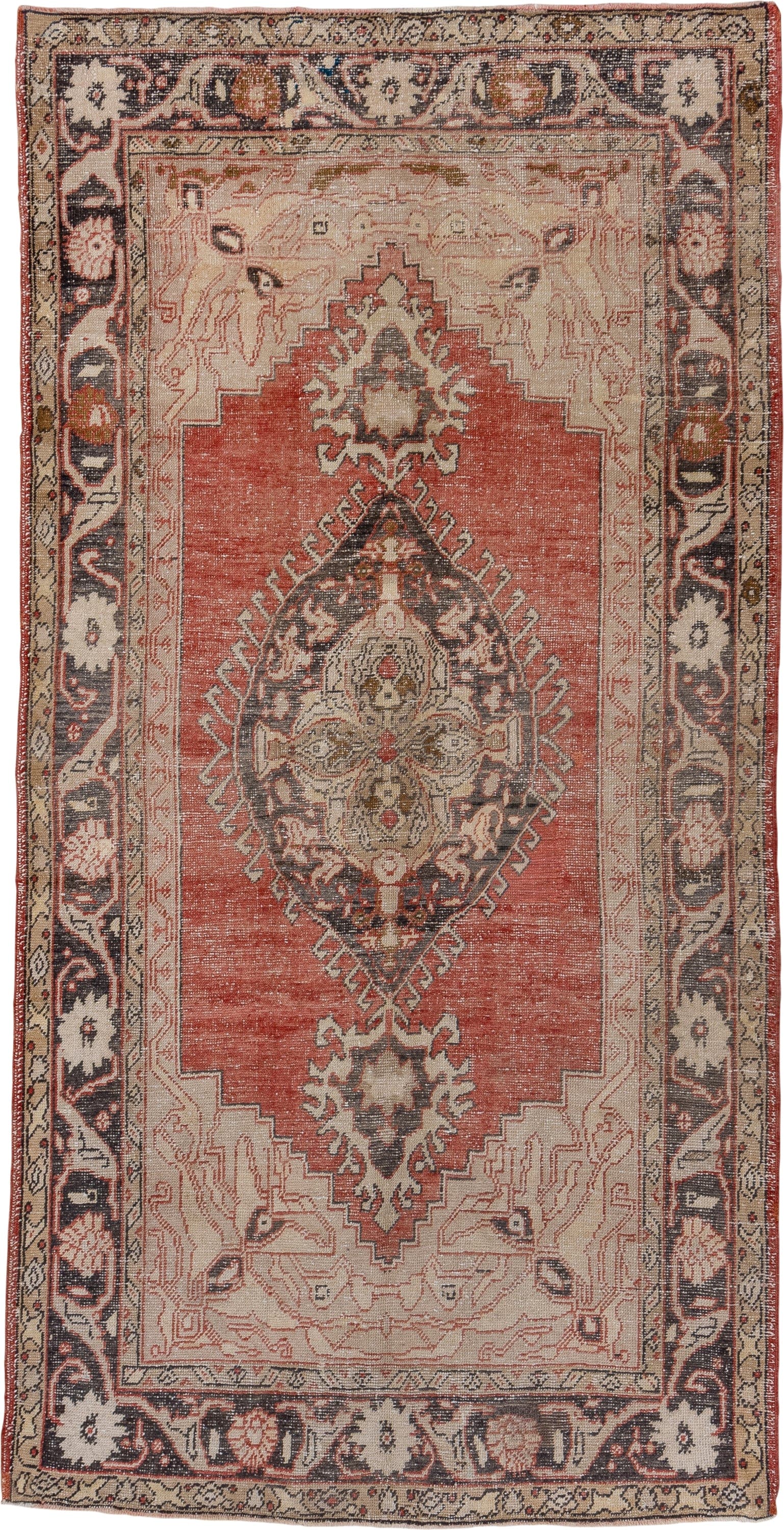 5' x 11' one-of-a-kind handmade vintage Oushak rug. Color palette: terra cotta, ivory, charcoal, taupe, rose, camel, olive