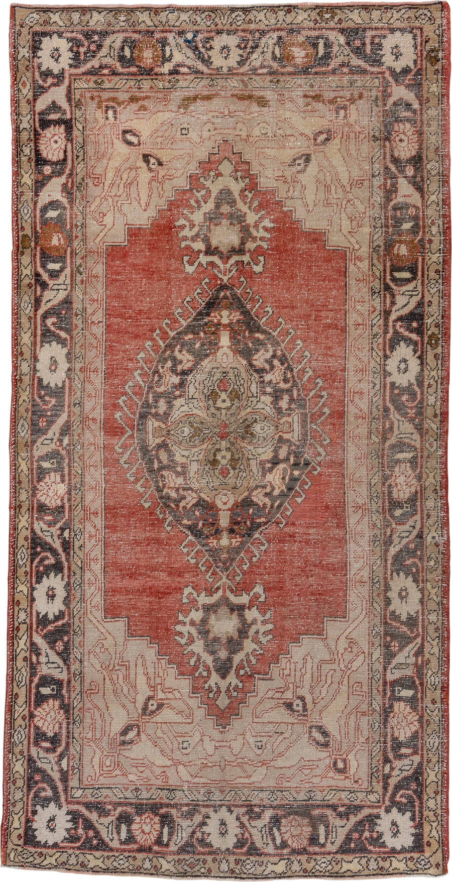 5' x 11' one-of-a-kind handmade vintage Oushak rug. Color palette: terra cotta, ivory, charcoal, taupe, rose, camel, olive