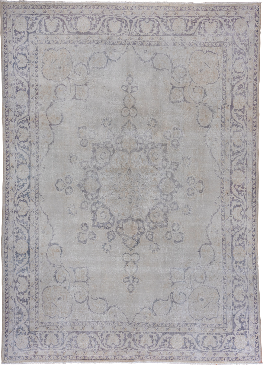 9' x 13' one-of-a-kind handmade vintage Oushak large size rug. Color palette: ivory, powder blue, taupe, beige, slate