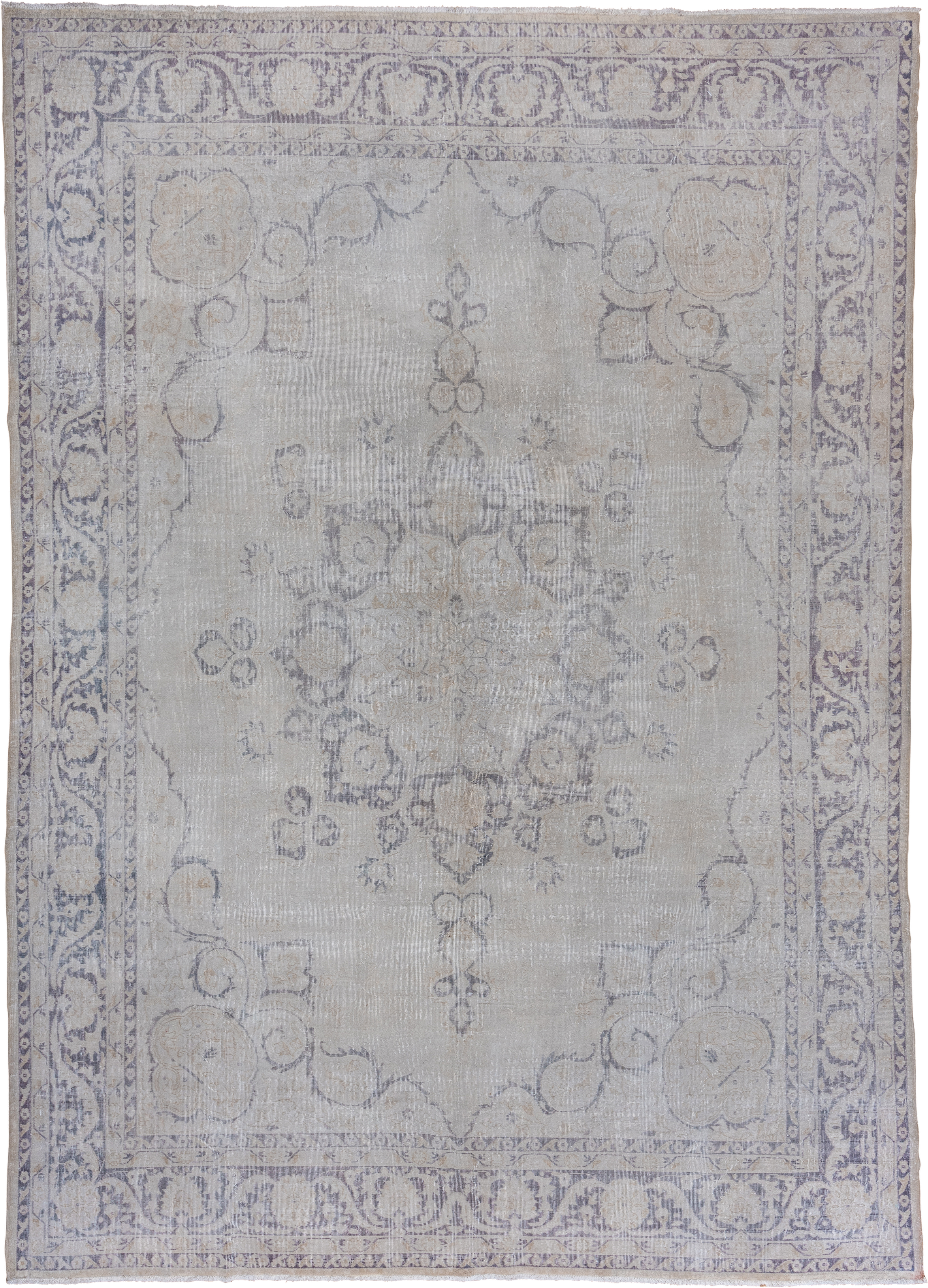 9' x 13' one-of-a-kind handmade vintage Oushak large size rug. Color palette: ivory, powder blue, taupe, beige, slate