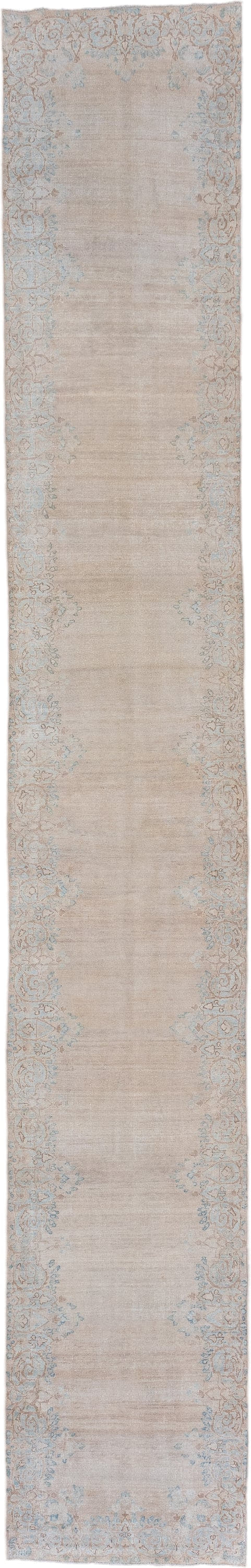 2' x 14' one-of-a-kind handmade vintage Kerman runner rug. Color palette: beige, ivory, pale blue, taupe, cream, light blue