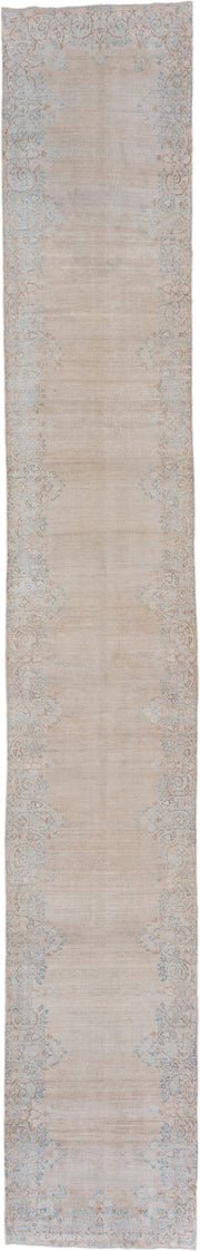 2' x 14' one-of-a-kind handmade vintage Kerman runner rug. Color palette: beige, ivory, pale blue, taupe, cream, light blue