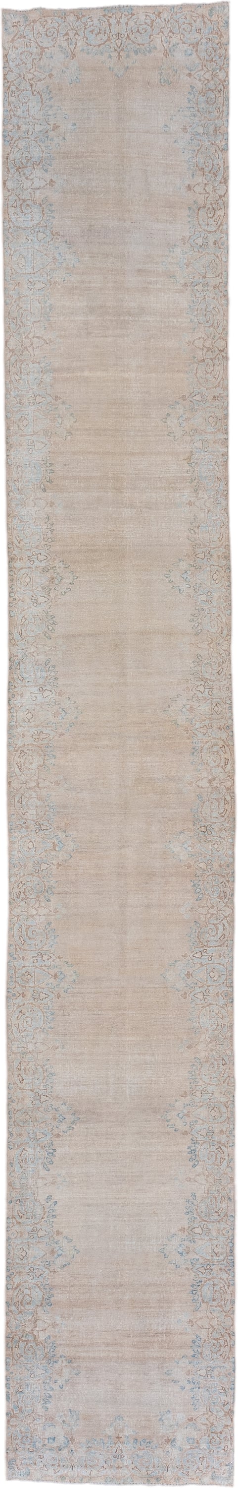 2' x 14' one-of-a-kind handmade vintage Kerman runner rug. Color palette: beige, ivory, pale blue, taupe, cream, light blue