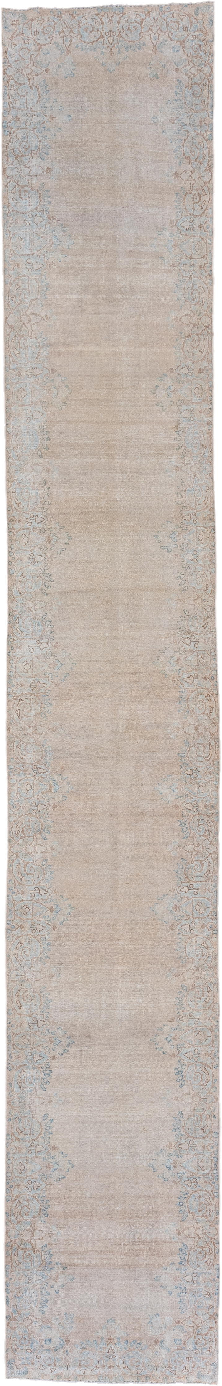 2' x 14' one-of-a-kind handmade vintage Kerman runner rug. Color palette: beige, ivory, pale blue, taupe, cream, light blue