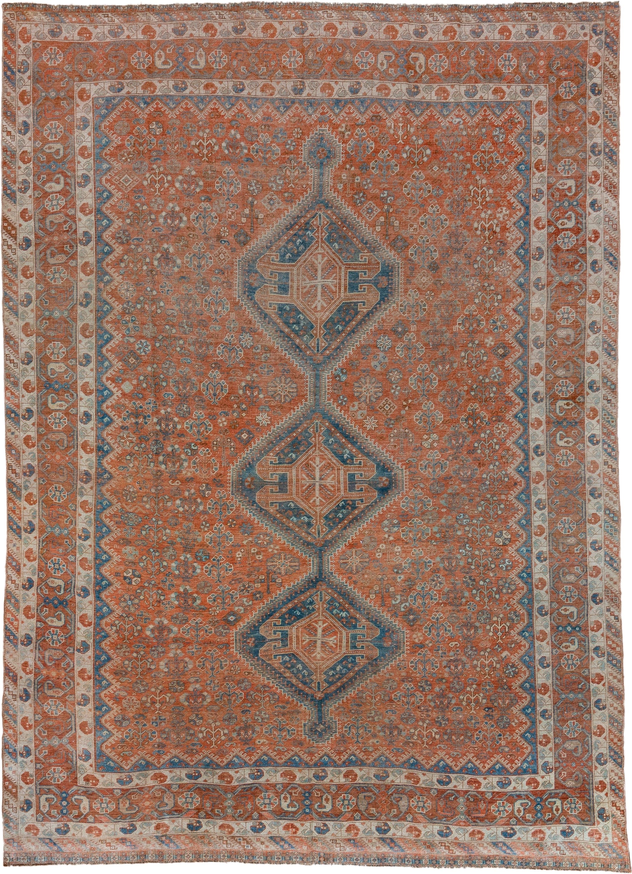7' x 10' one-of-a-kind handmade vintage Shiraz large size rug. Color palette: terra cotta, ivory, slate, rust, blue, camel