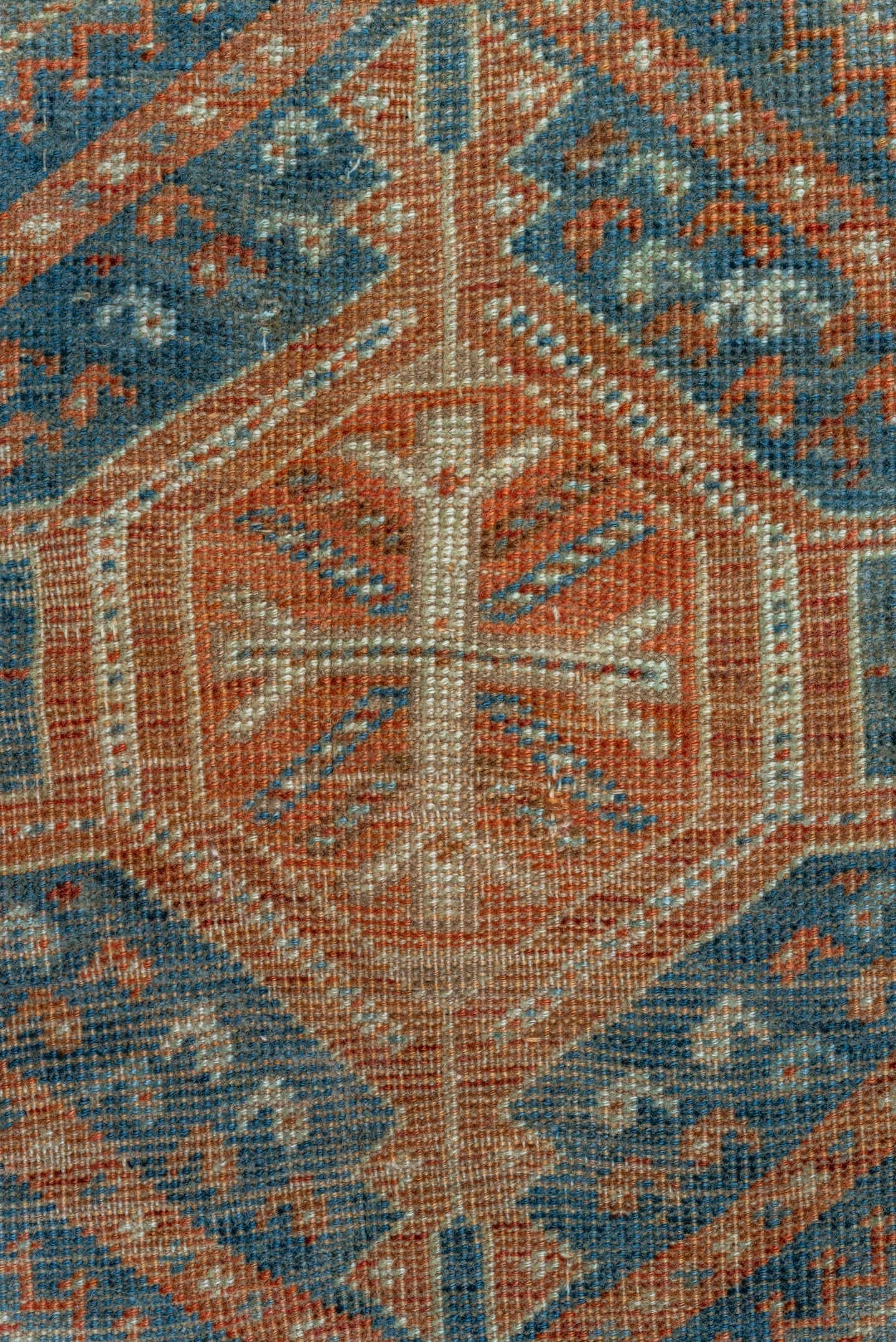 7' x 10' one-of-a-kind handmade vintage Shiraz large size rug. Color palette: terra cotta, ivory, slate, rust, blue, camel