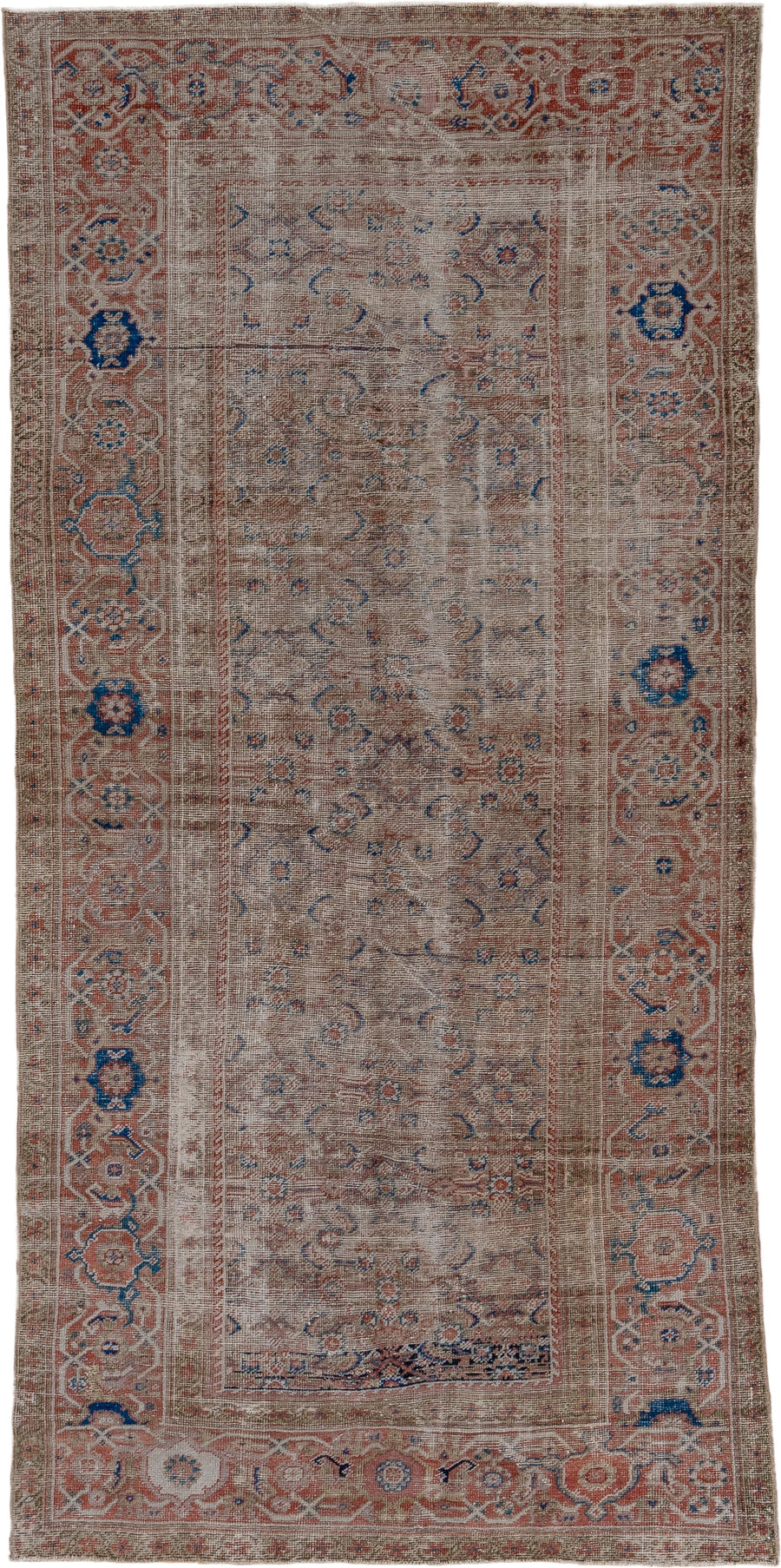 4' x 9' one-of-a-kind handmade vintage Mahal runner rug. Color palette: rose, ivory, taupe, dusty blue, terra cotta, beige