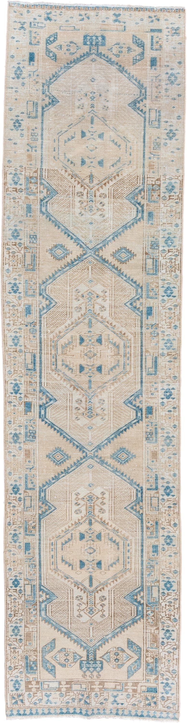 2' x 11' one-of-a-kind handmade vintage Sarab runner rug. Color palette: ivory, sky blue, beige, taupe, camel, light blue