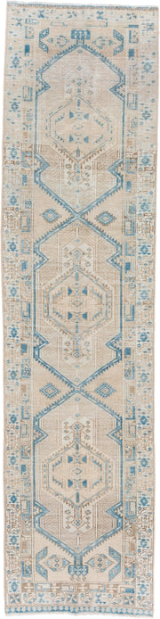 2' x 11' one-of-a-kind handmade vintage Sarab runner rug. Color palette: ivory, sky blue, beige, taupe, camel, light blue