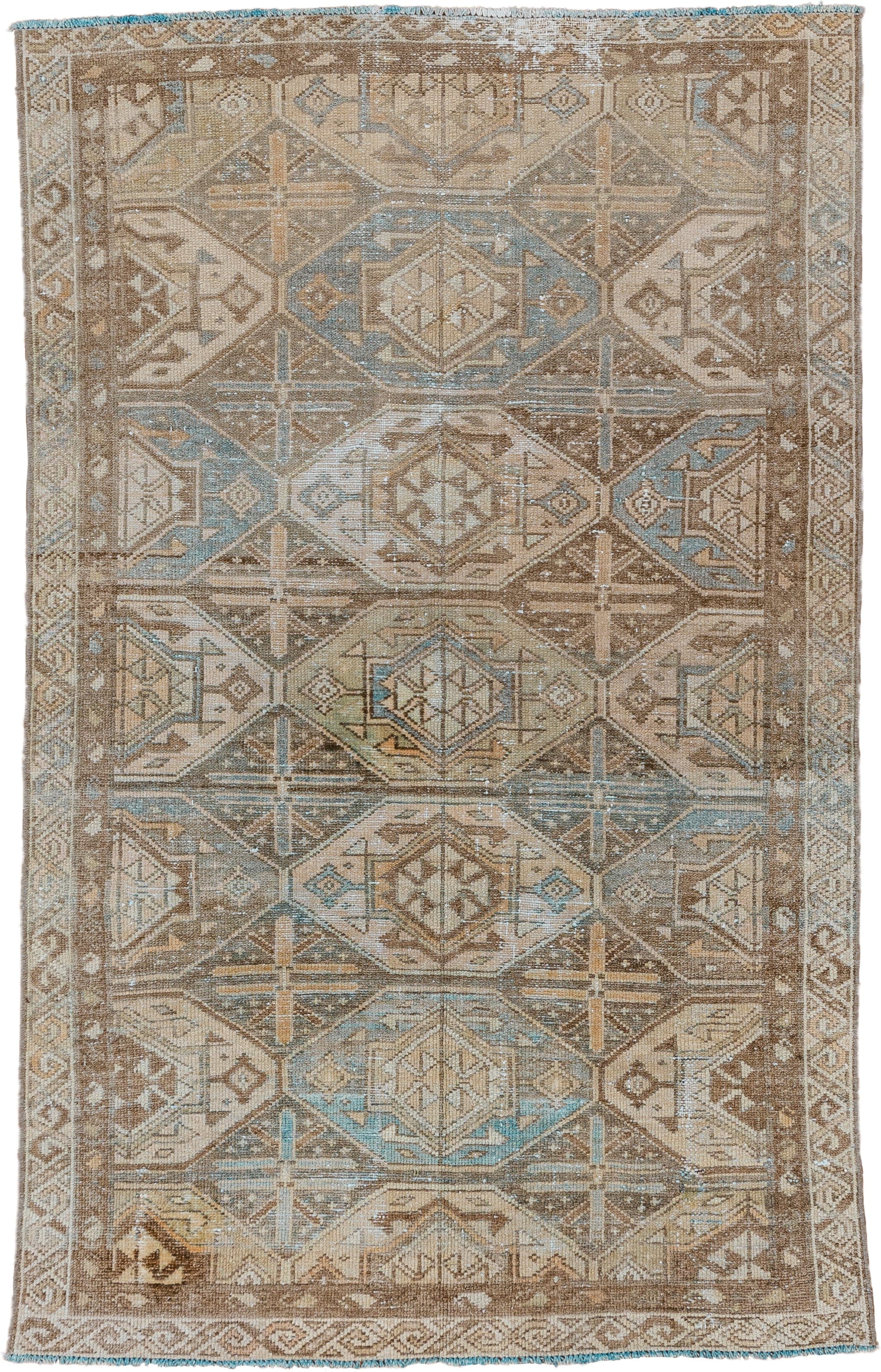 3' x 6' one-of-a-kind handmade vintage Baktiary small size rug. Color palette: taupe, ivory, sky blue, camel, brown, sand
