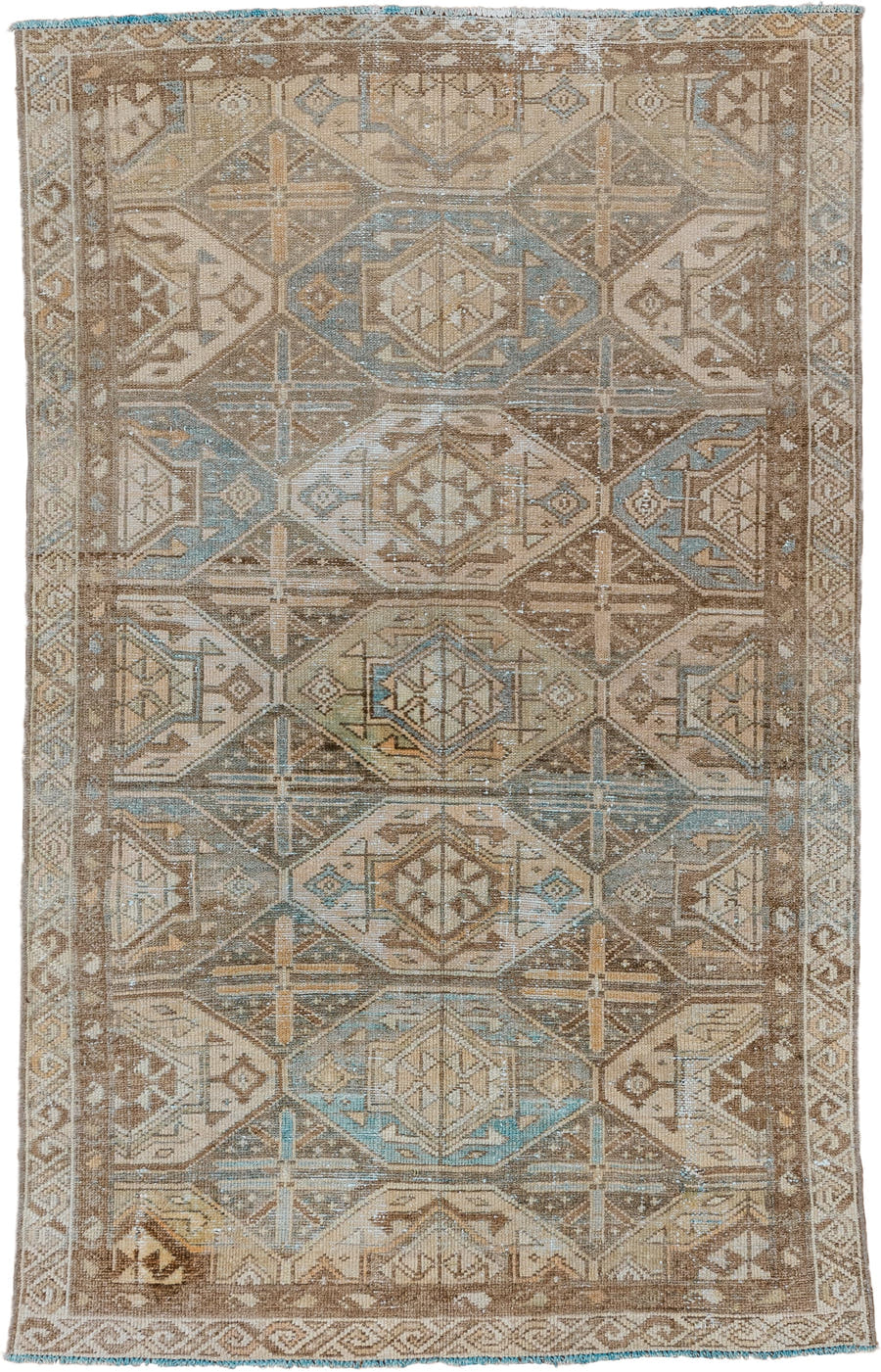 3' x 6' one-of-a-kind handmade vintage Baktiary small size rug. Color palette: taupe, ivory, sky blue, camel, brown, sand