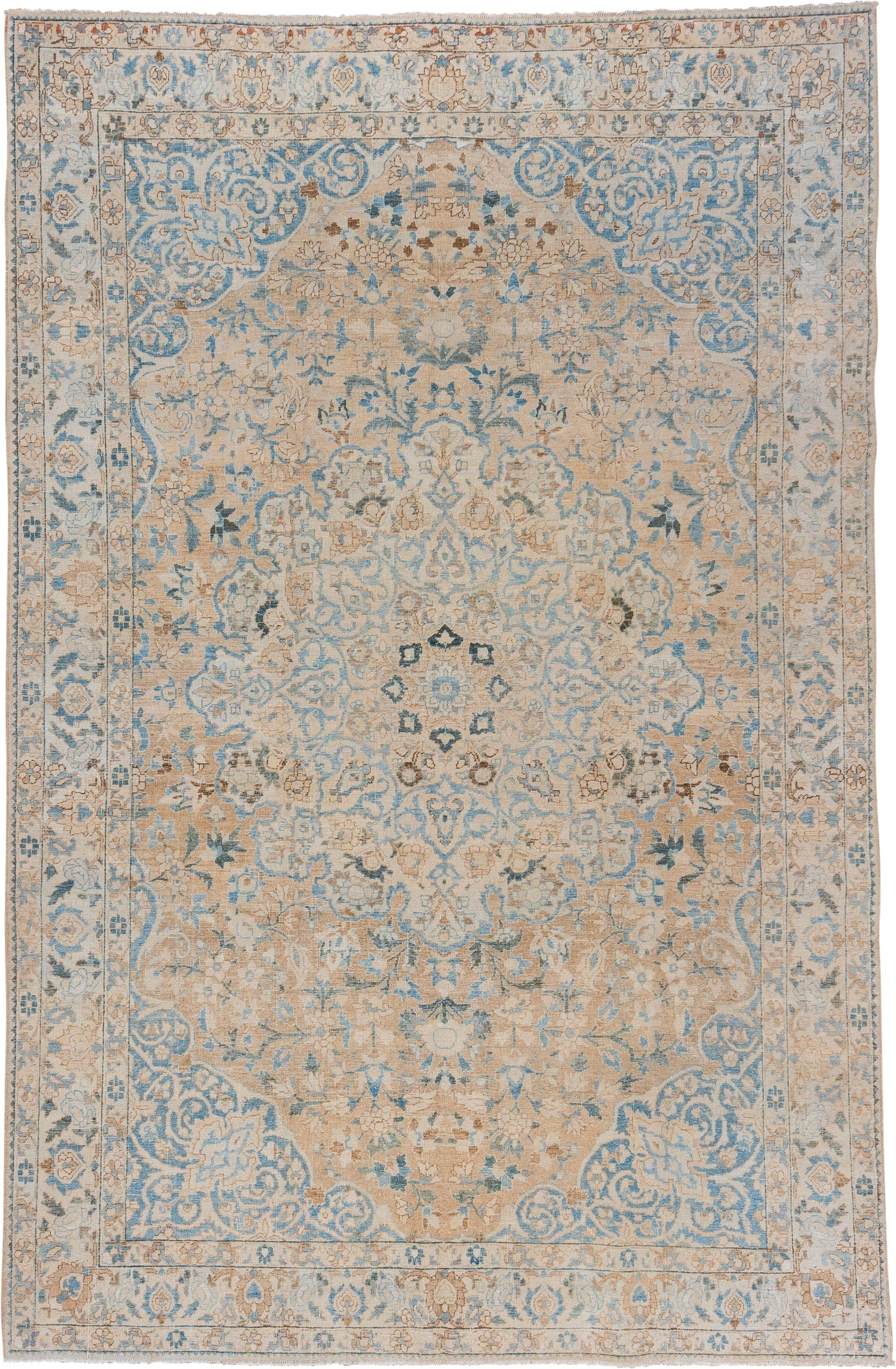 6' x 10' one-of-a-kind handmade vintage Baktiary large size rug. Color palette: ivory, beige, sky_blue, taupe, camel, slate