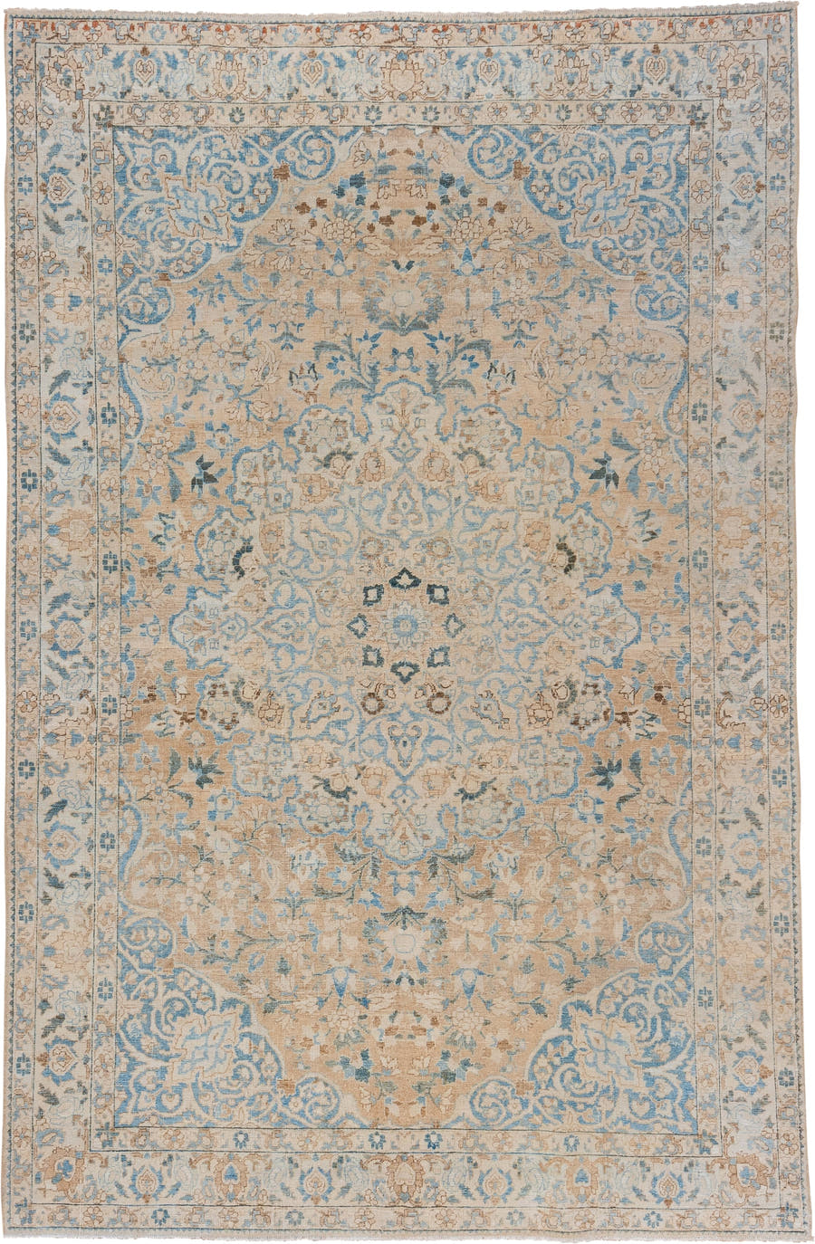 6' x 10' one-of-a-kind handmade vintage Baktiary large size rug. Color palette: ivory, beige, sky_blue, taupe, camel, slate
