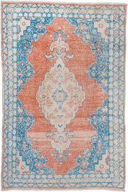 3' x 4' one-of-a-kind handmade vintage Mahal small size rug. Color palette: coral, ivory, sky blue, peach, cream, terracotta
