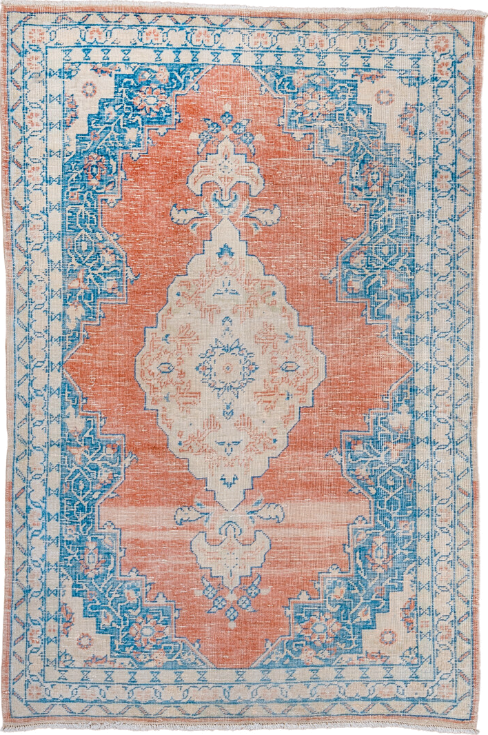 3' x 4' one-of-a-kind handmade vintage Mahal small size rug. Color palette: coral, ivory, sky blue, peach, cream, terracotta