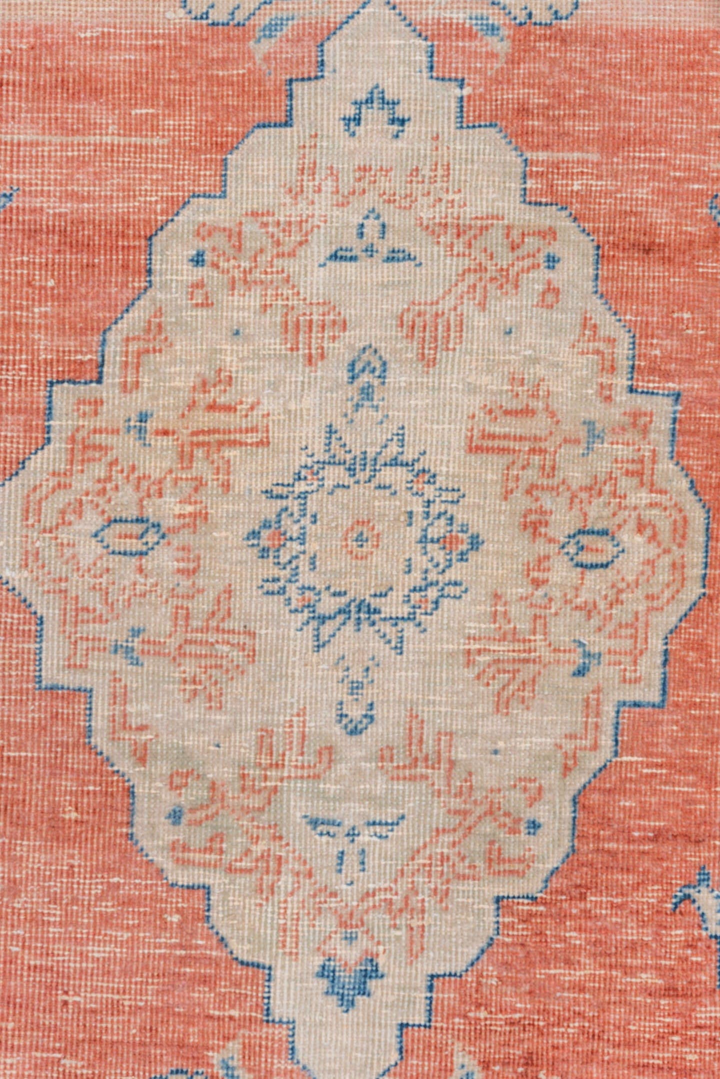 3' x 4' one-of-a-kind handmade vintage Mahal small size rug. Color palette: coral, ivory, sky blue, peach, cream, terracotta