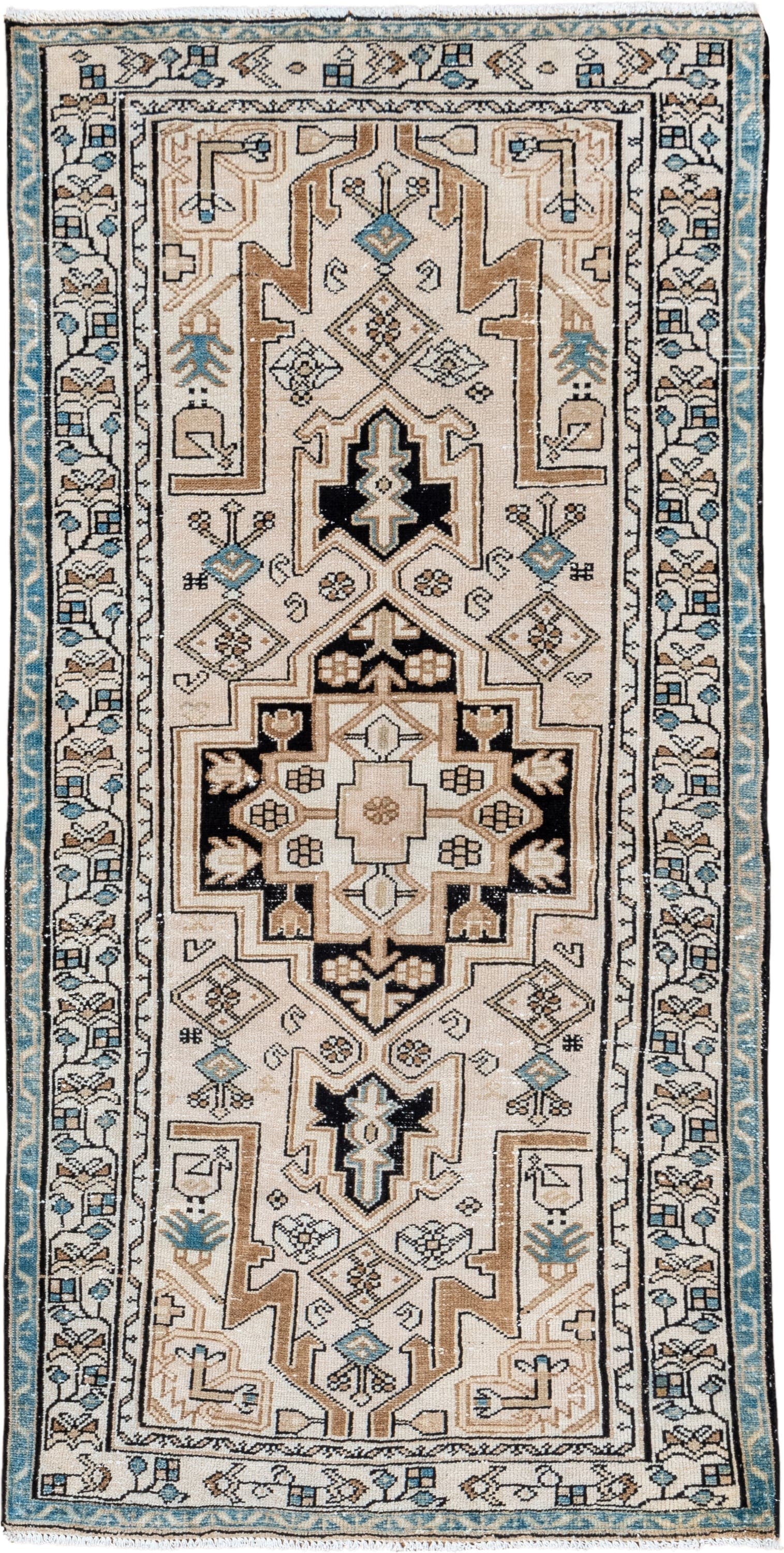 3' x 6' one-of-a-kind handmade vintage Malayer runner rug. Color palette: ivory, camel, sky_blue, black, taupe, light_blue