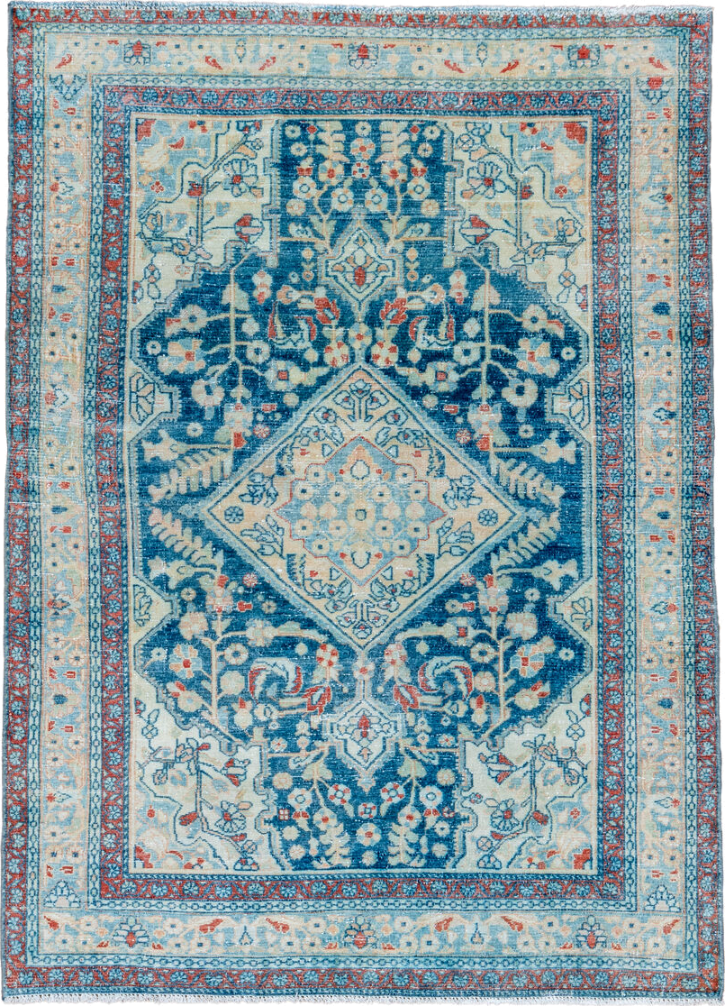 4' x 6' one-of-a-kind handmade vintage Malayer small size rug. Color palette: blue, ivory, sky_blue, rust, coral, cream