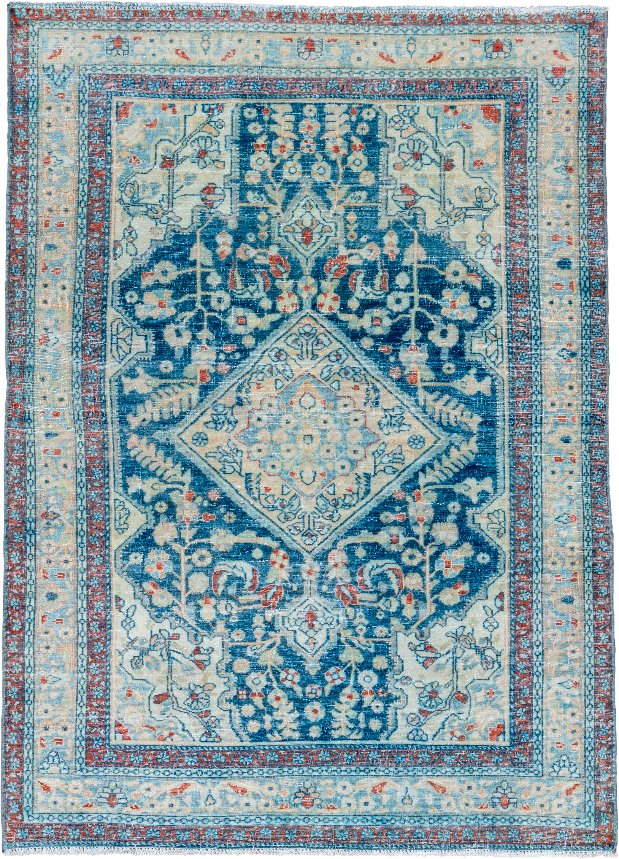 4' x 6' one-of-a-kind handmade vintage Malayer small size rug. Color palette: blue, ivory, sky_blue, rust, coral, cream
