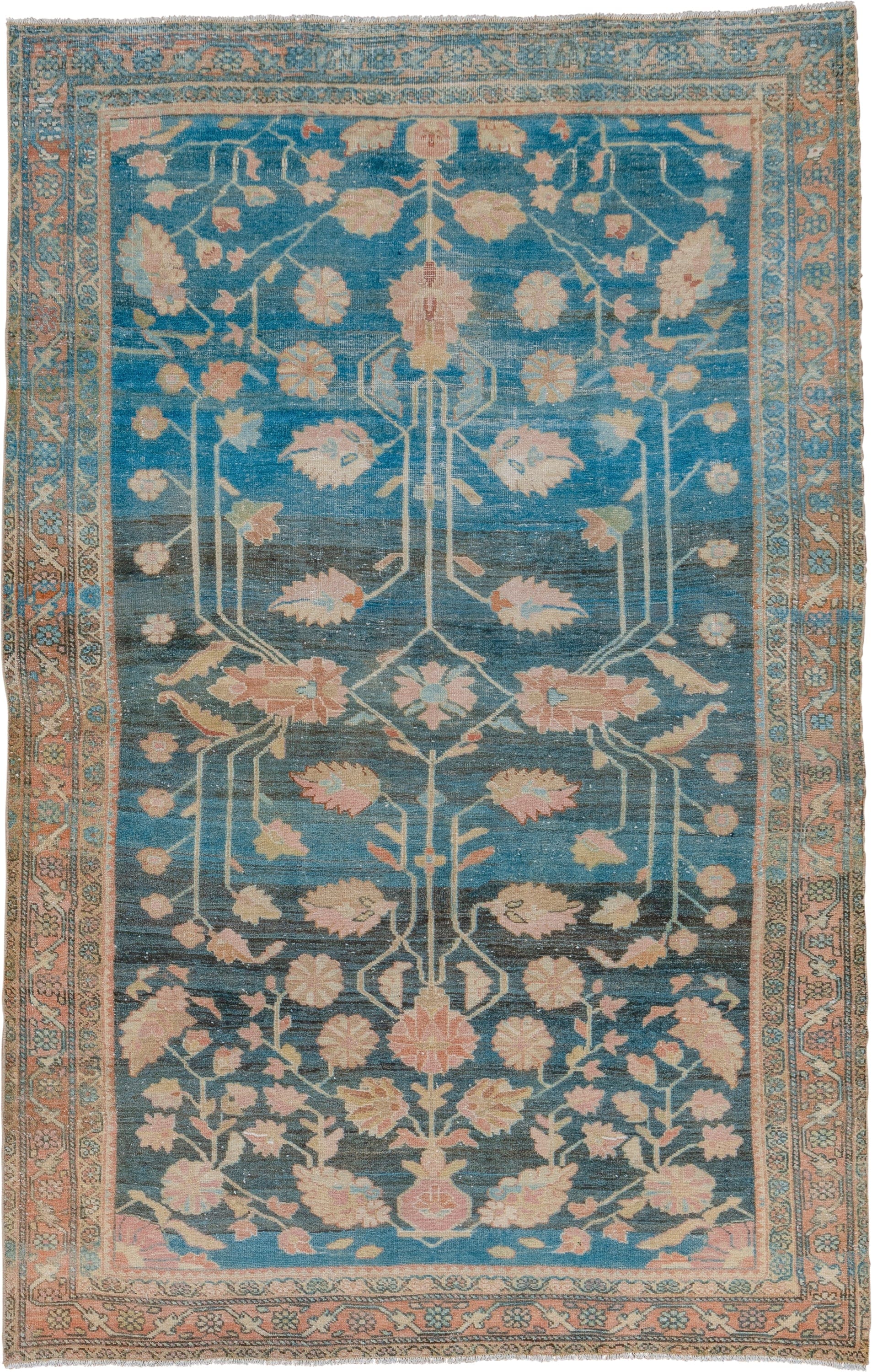 4' x 6' one-of-a-kind handmade vintage Sarouk small size rug. Color palette: blue, peach, ivory, sage, taupe, charcoal