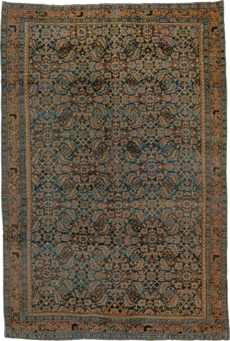 4' x 6' one-of-a-kind handmade vintage Bidjar small size rug. Color palette: blue, rust, ivory, charcoal, taupe, sage, camel