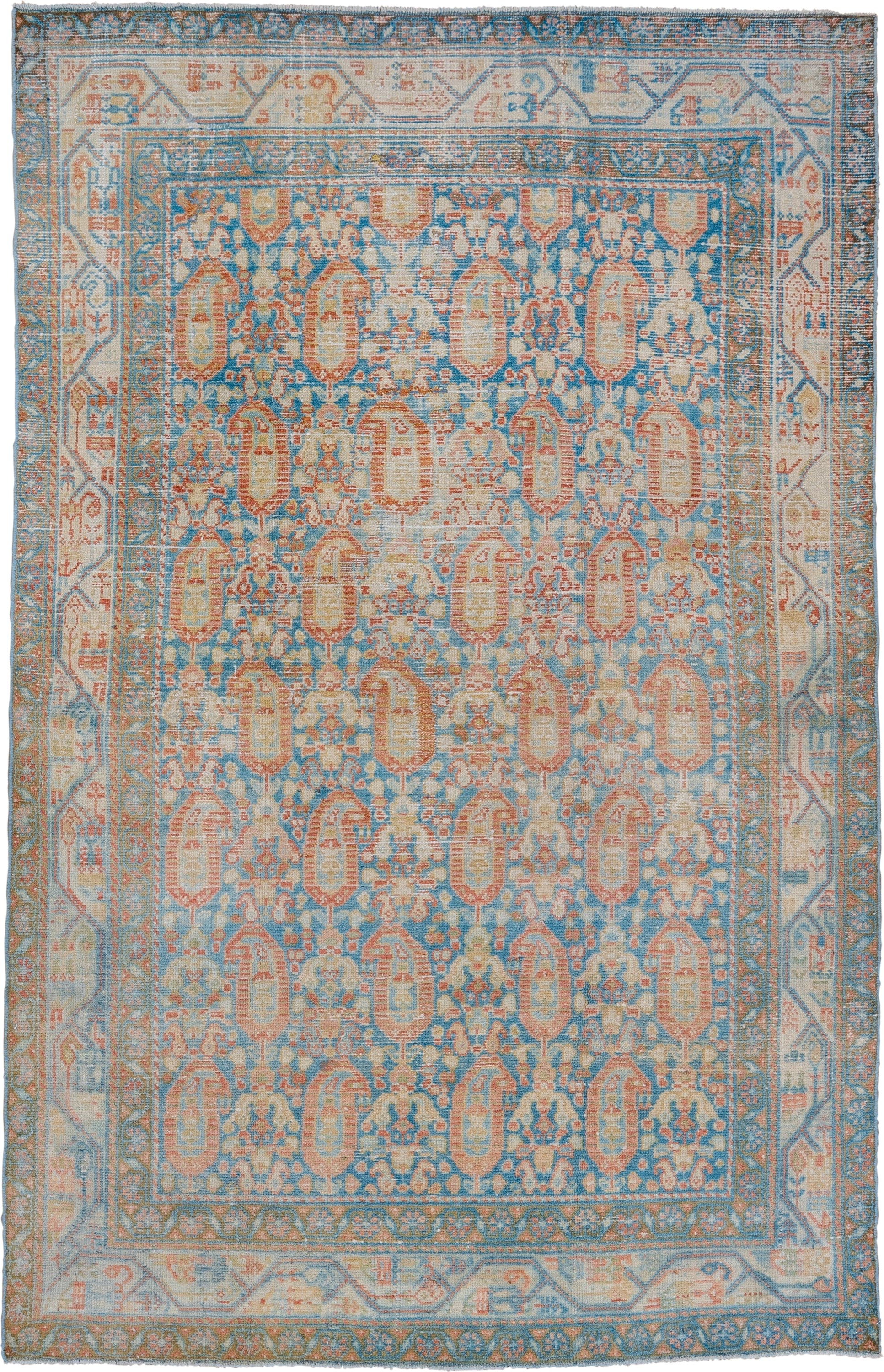 4' x 6' one-of-a-kind handmade vintage Malayer small size rug. Color palette: sky blue, ivory, coral, beige, tan, light blue