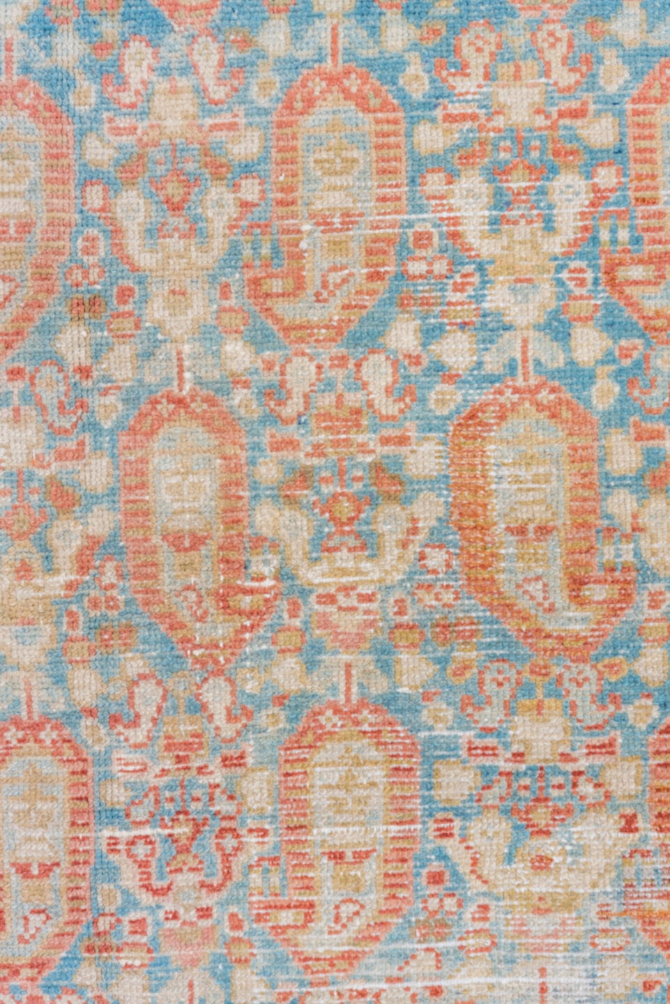 4' x 6' one-of-a-kind handmade vintage Malayer small size rug. Color palette: sky blue, ivory, coral, beige, tan, light blue