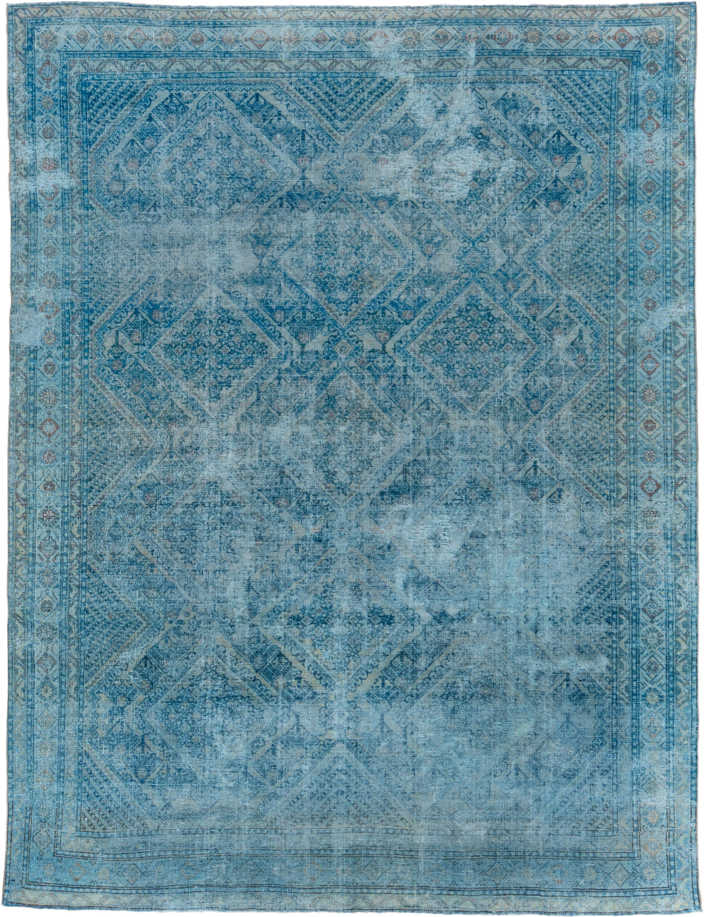 7' x 9' one-of-a-kind handmade vintage Veece rug. Color palette: aqua, sky blue, ivory, slate, taupe, rust, teal, light blue
