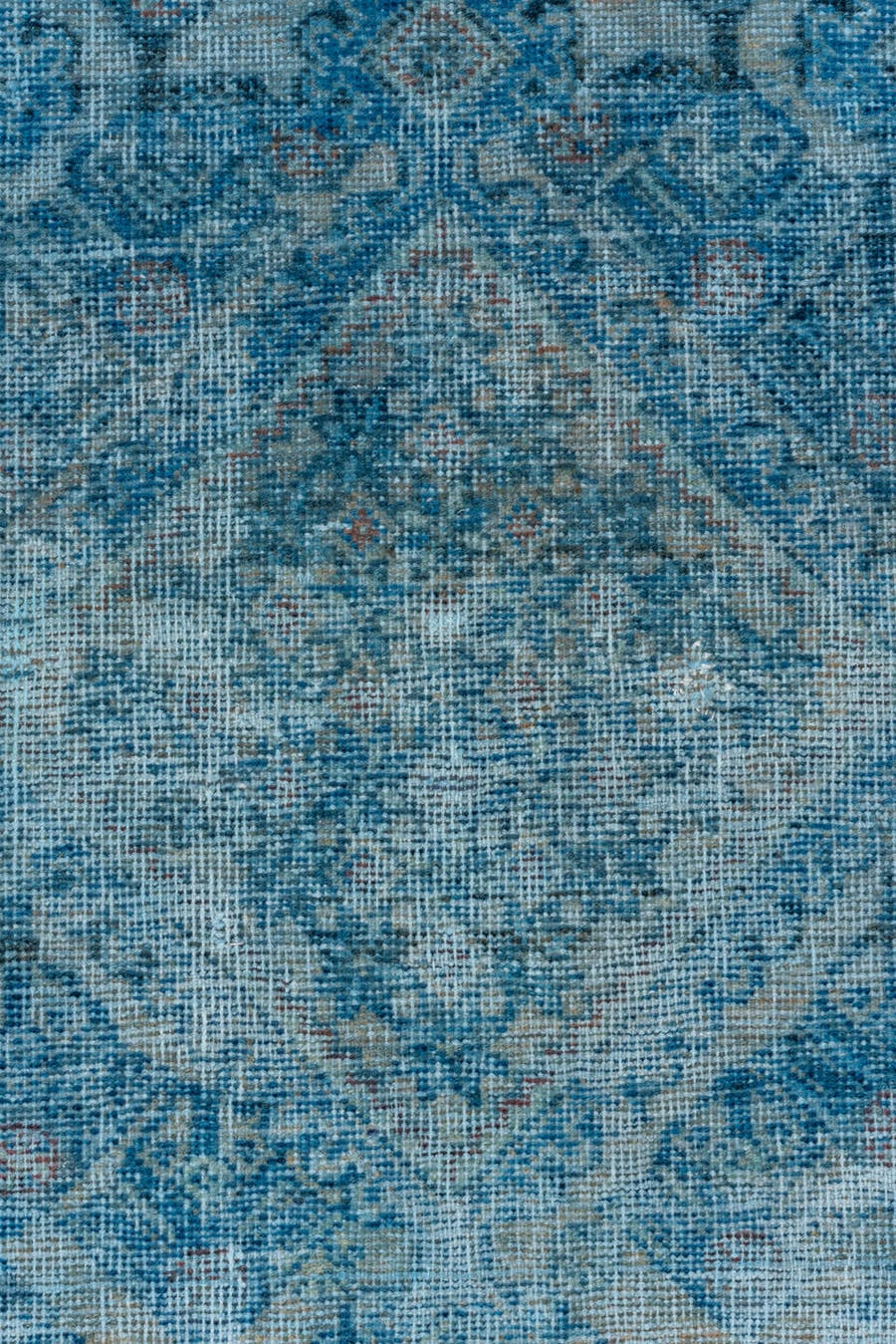 7' x 9' one-of-a-kind handmade vintage Veece rug. Color palette: aqua, sky blue, ivory, slate, taupe, rust, teal, light blue