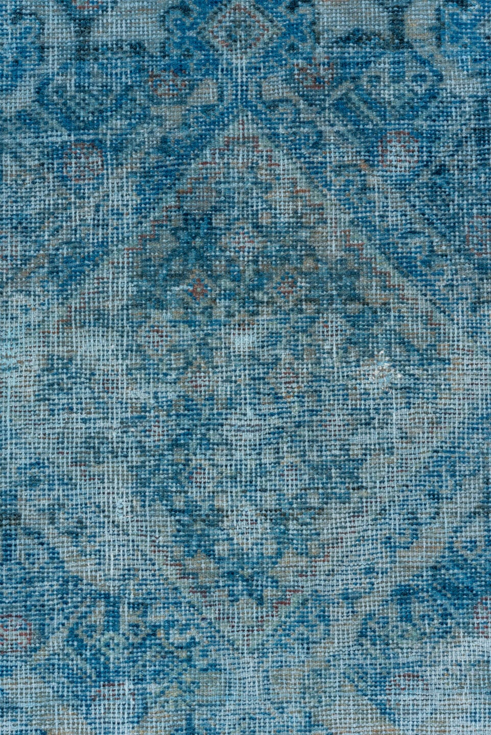 7' x 9' one-of-a-kind handmade vintage Veece rug. Color palette: aqua, sky blue, ivory, slate, taupe, rust, teal, light blue