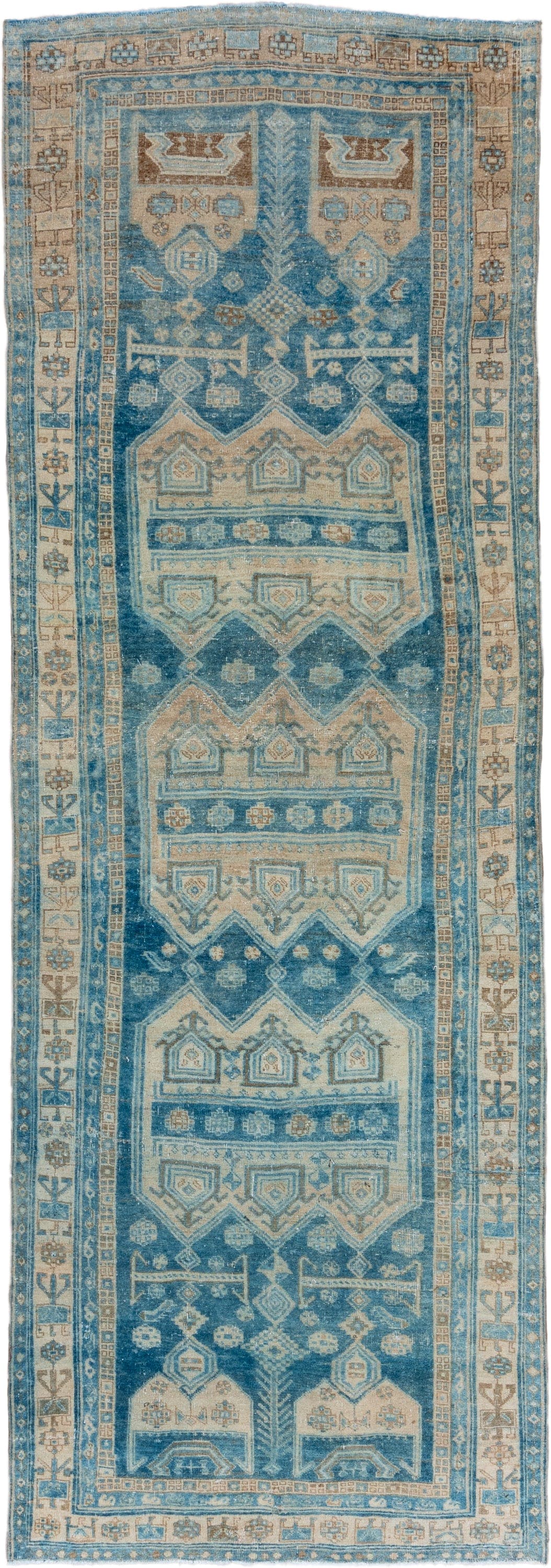 4' x 12' one-of-a-kind handmade vintage Bidjar runner rug. Color palette: blue, ivory, beige, camel, taupe, brown, gray