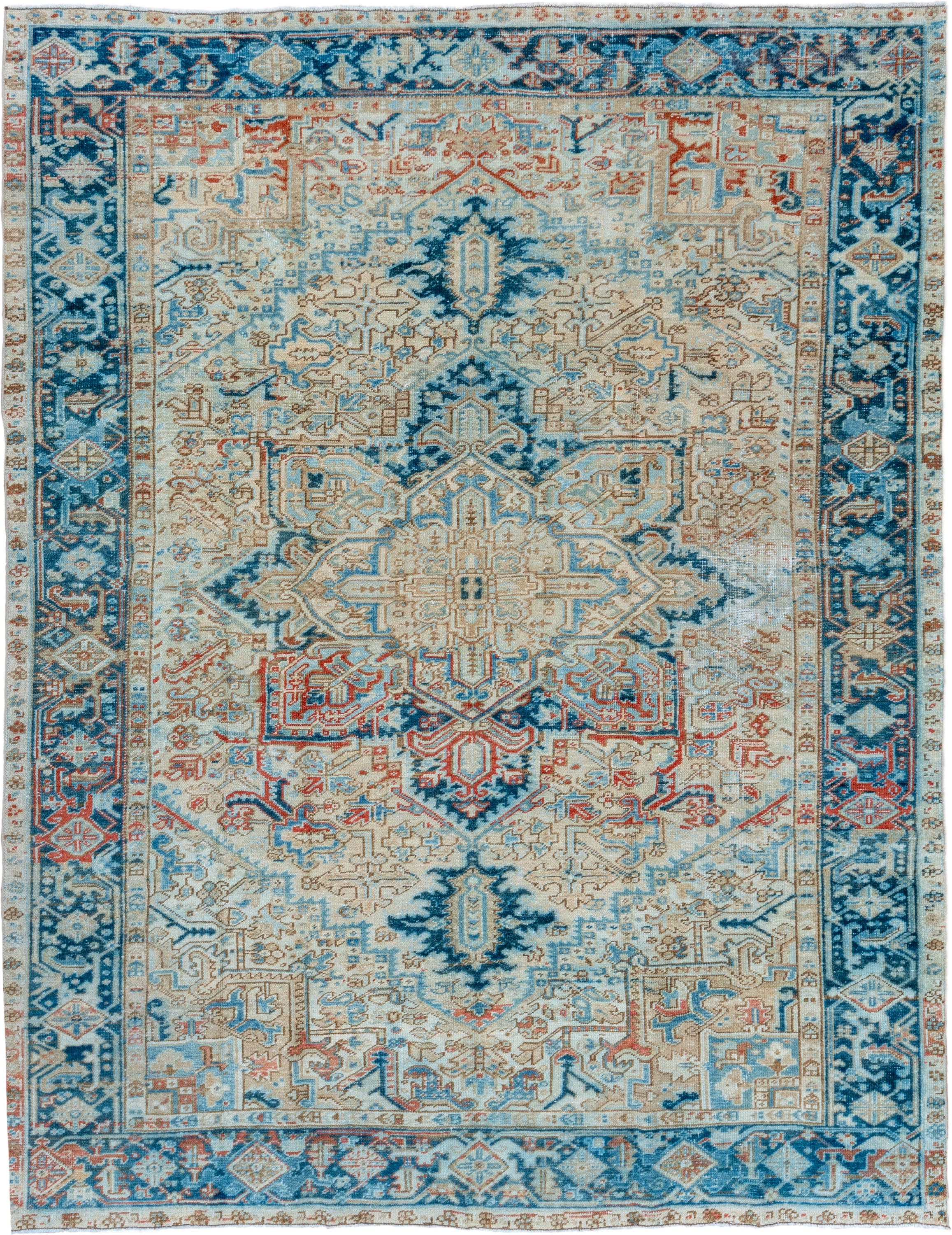 6' x 9' one-of-a-kind handmade vintage Heriz medium size rug. Color palette: ivory, sky blue, navy, rust, beige, camel