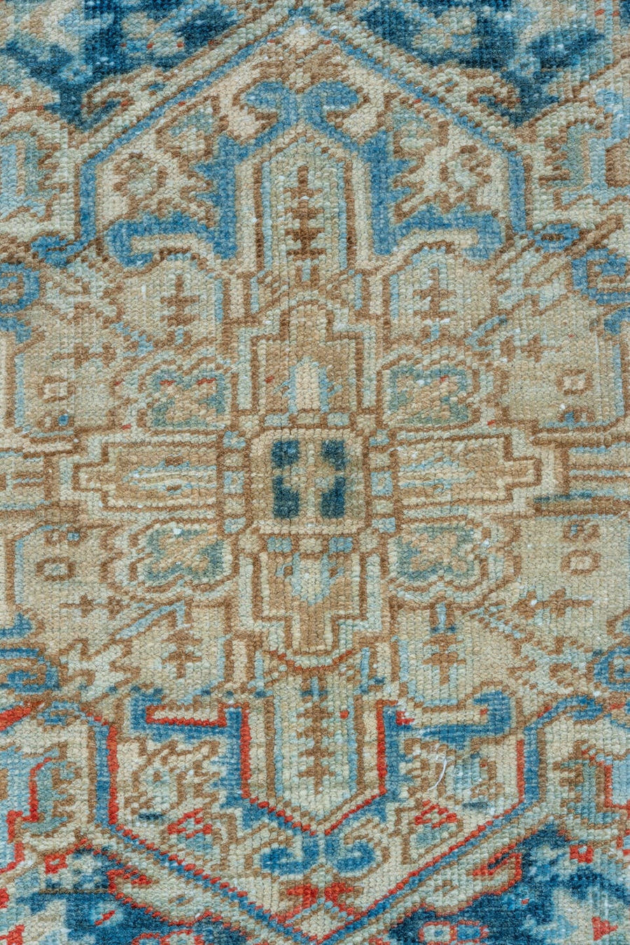 6' x 9' one-of-a-kind handmade vintage Heriz medium size rug. Color palette: ivory, sky blue, navy, rust, beige, camel