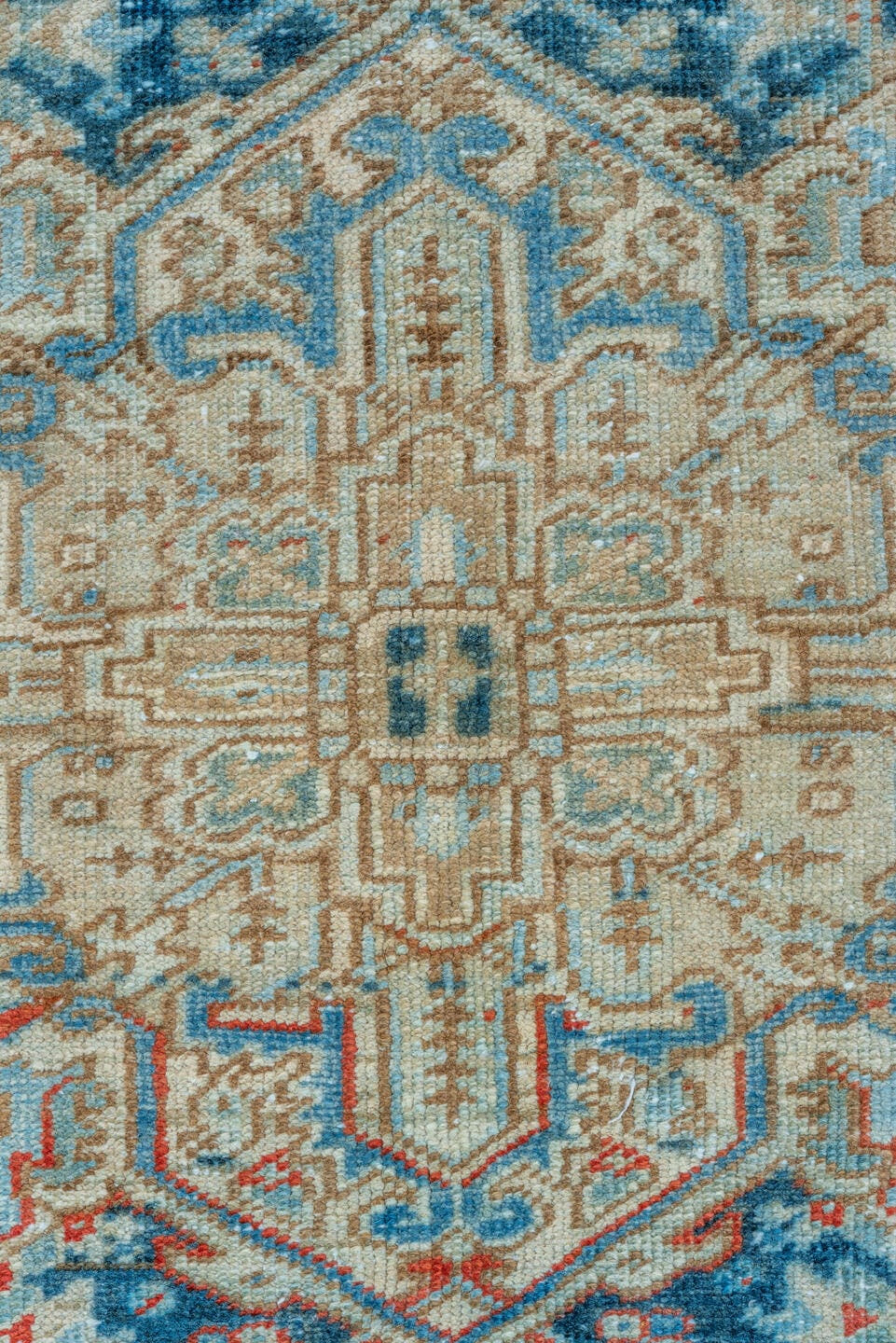 6' x 9' one-of-a-kind handmade vintage Heriz medium size rug. Color palette: ivory, sky blue, navy, rust, beige, camel