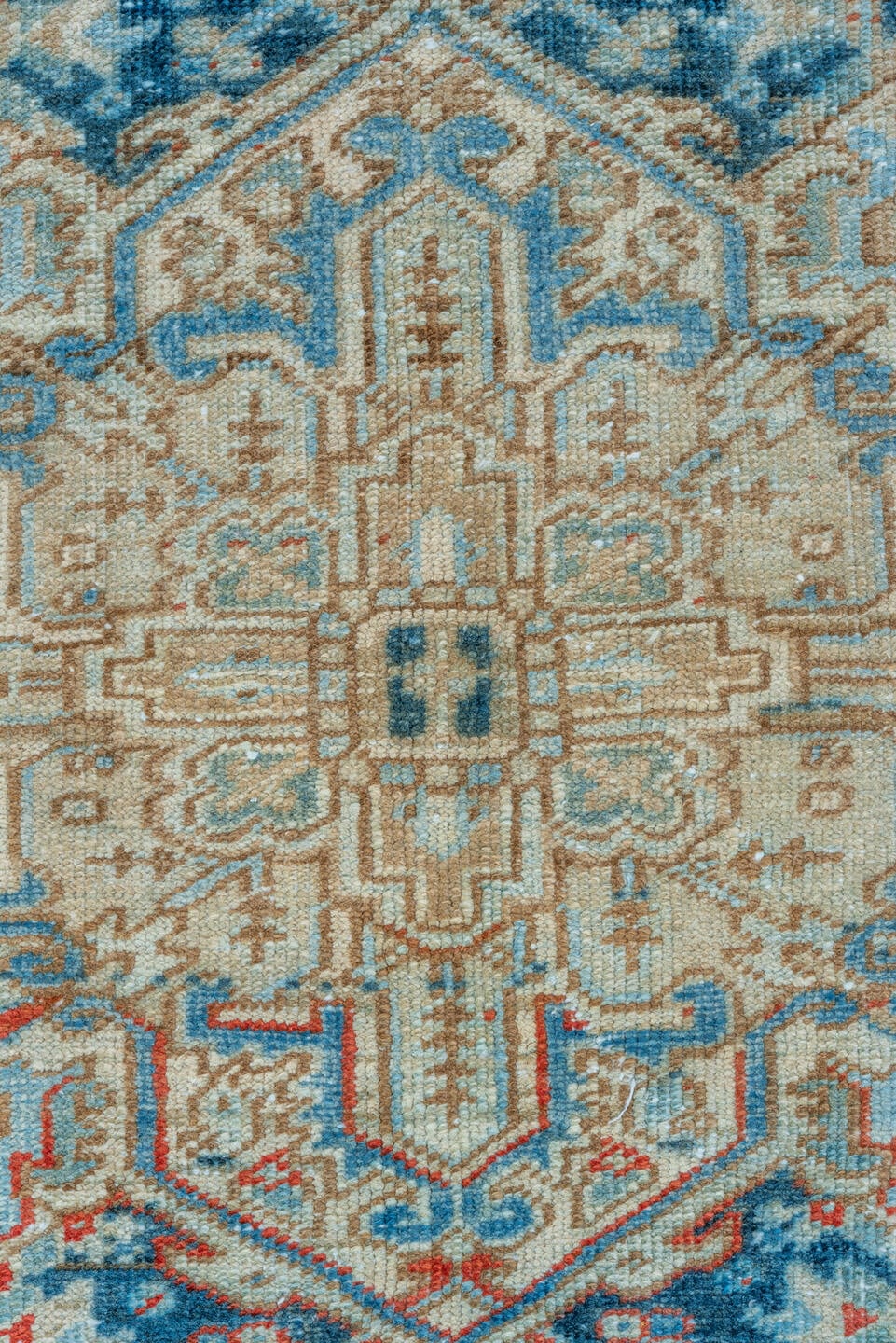 6' x 9' one-of-a-kind handmade vintage Heriz medium size rug. Color palette: ivory, sky blue, navy, rust, beige, camel