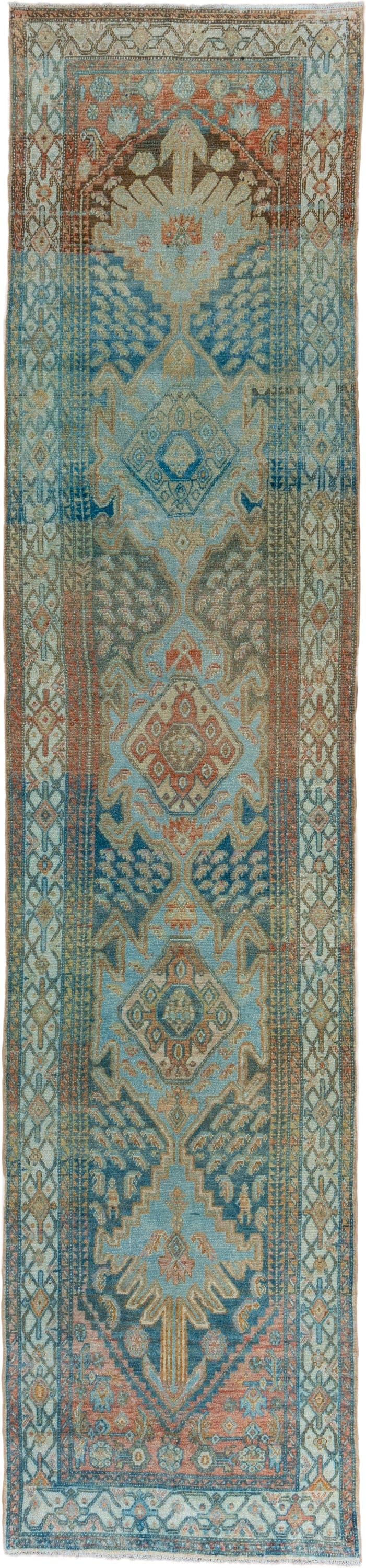 3' x 14' one-of-a-kind handmade vintage Malayer runner rug. Color palette: sky blue, ivory, rust, navy, camel, taupe, teal