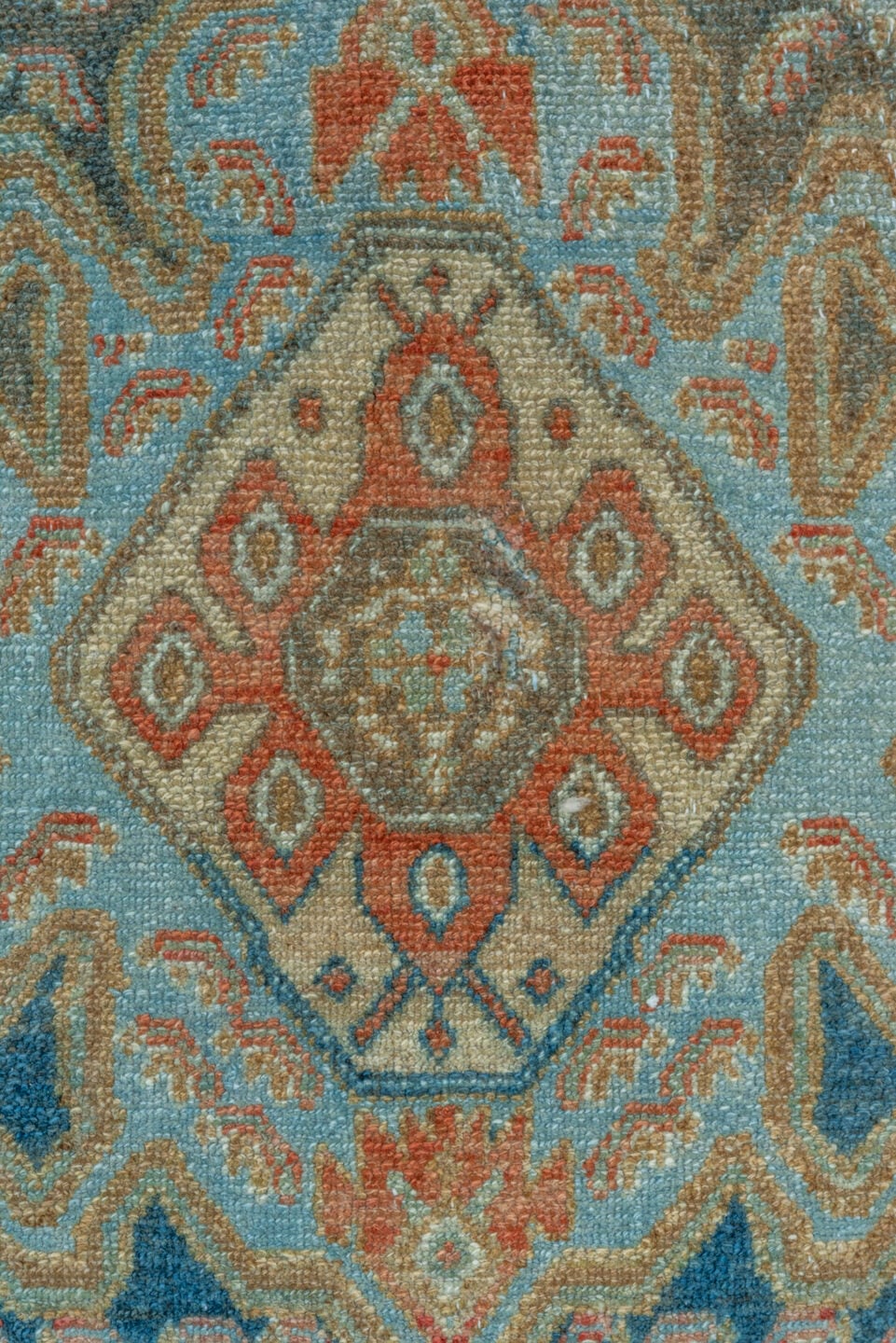 3' x 14' one-of-a-kind handmade vintage Malayer runner rug. Color palette: sky blue, ivory, rust, navy, camel, taupe, teal