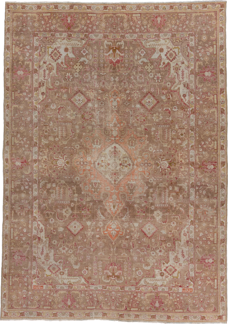 6' x 9' one-of-a-kind handmade vintage Tabriz medium size rug. Color palette: taupe, blush, ivory, rose, camel, peach
