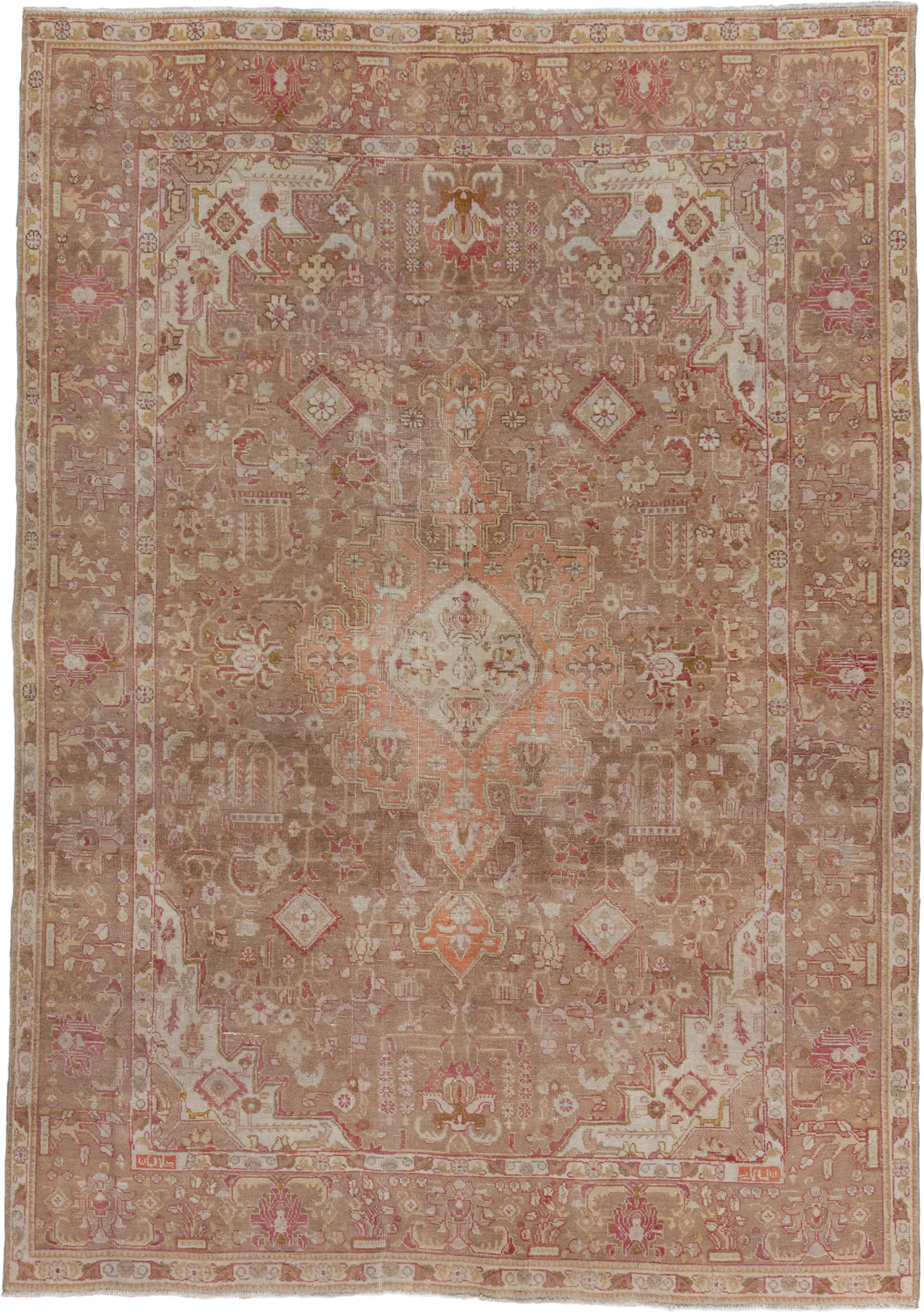 6' x 9' one-of-a-kind handmade vintage Tabriz medium size rug. Color palette: taupe, blush, ivory, rose, camel, peach
