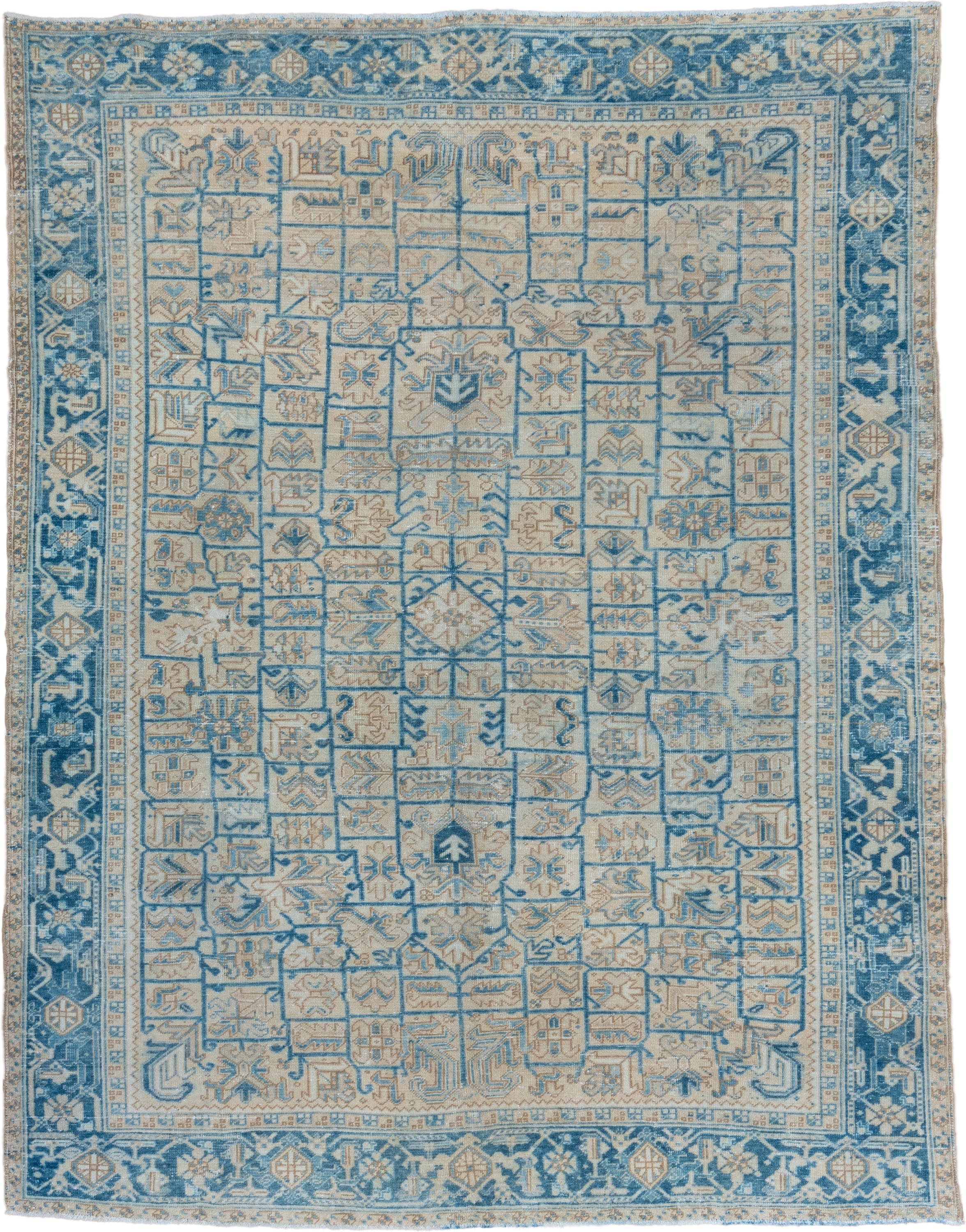 8' x 10' one-of-a-kind handmade vintage Heriz large size rug. Color palette: ivory, sky blue, powder blue, beige, taupe