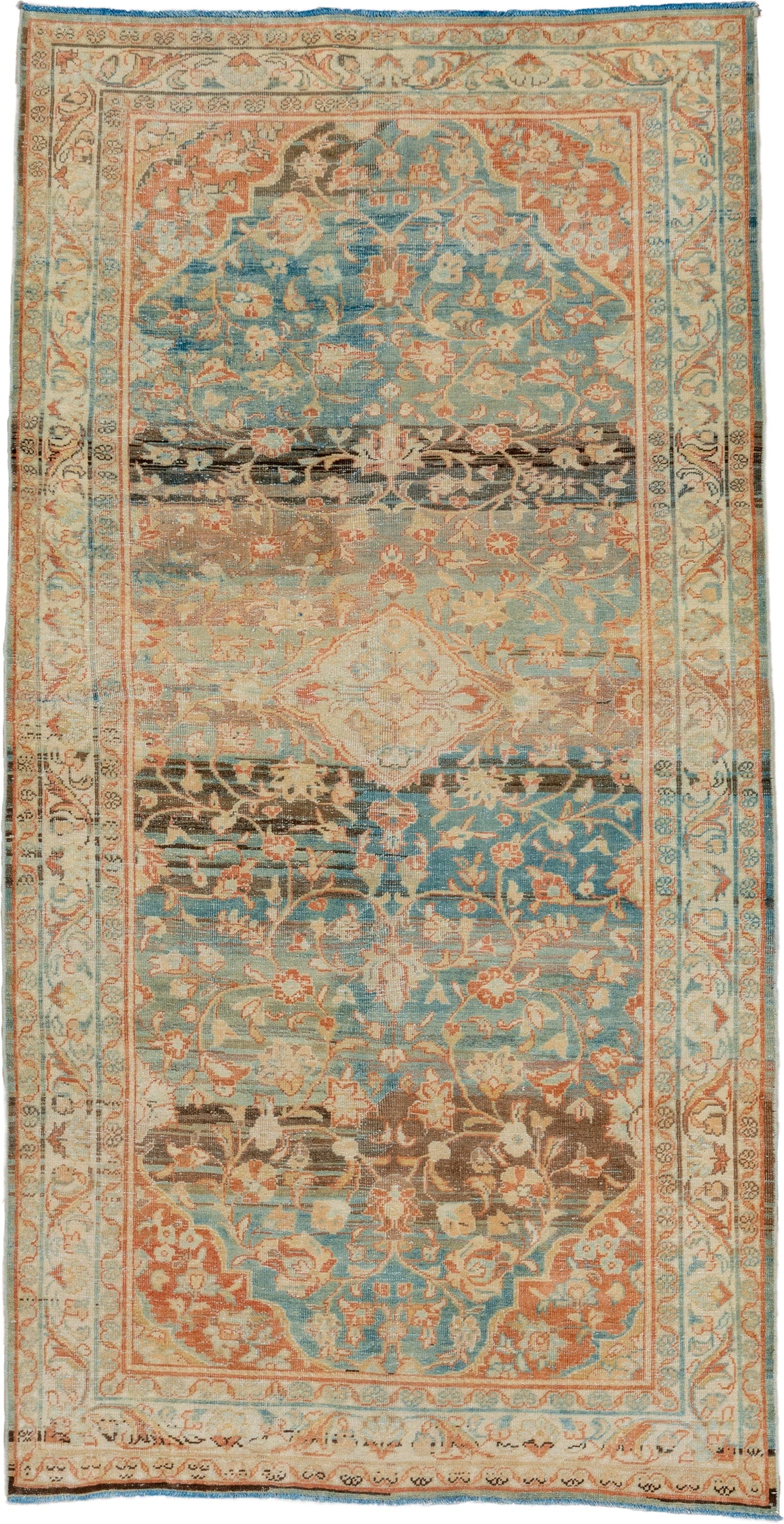 4' x 8' one-of-a-kind handmade vintage Mahal rug. Color palette: sky blue, ivory, coral, taupe, brown, beige, light blue