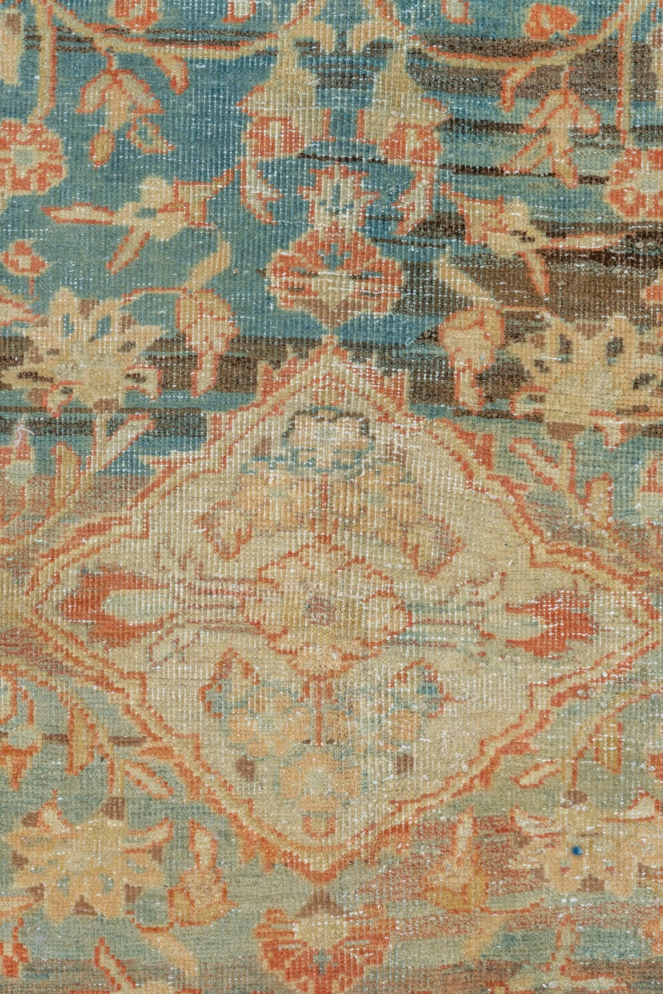 4' x 8' one-of-a-kind handmade vintage Mahal rug. Color palette: sky blue, ivory, coral, taupe, brown, beige, light blue
