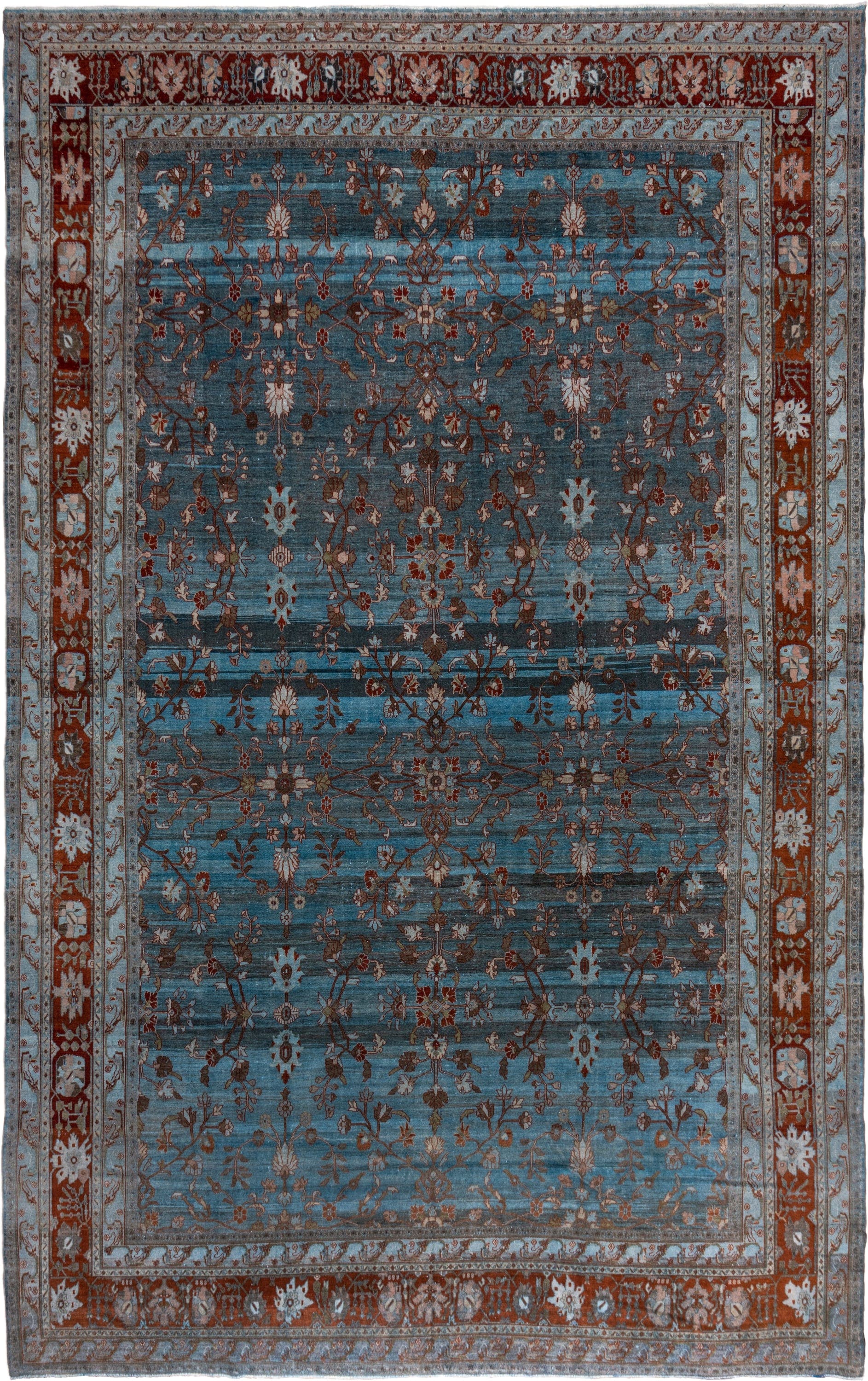 12' x 20' one-of-a-kind handmade vintage Malayer oversize rug. Color palette: blue, rust, ivory, taupe, brown, charcoal