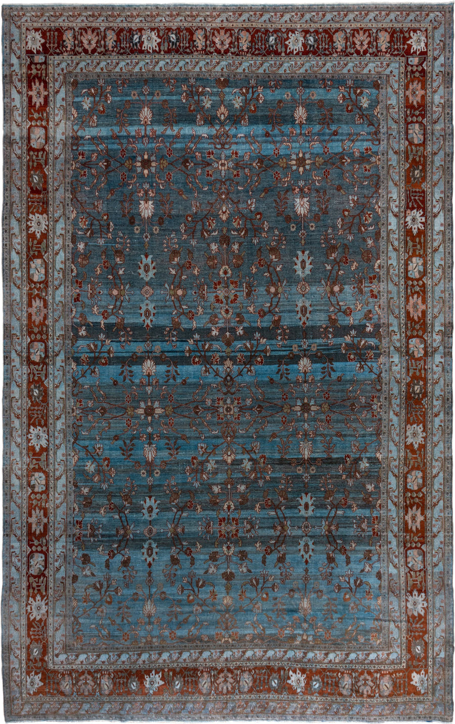 12' x 20' one-of-a-kind handmade vintage Malayer oversize rug. Color palette: blue, rust, ivory, taupe, brown, charcoal