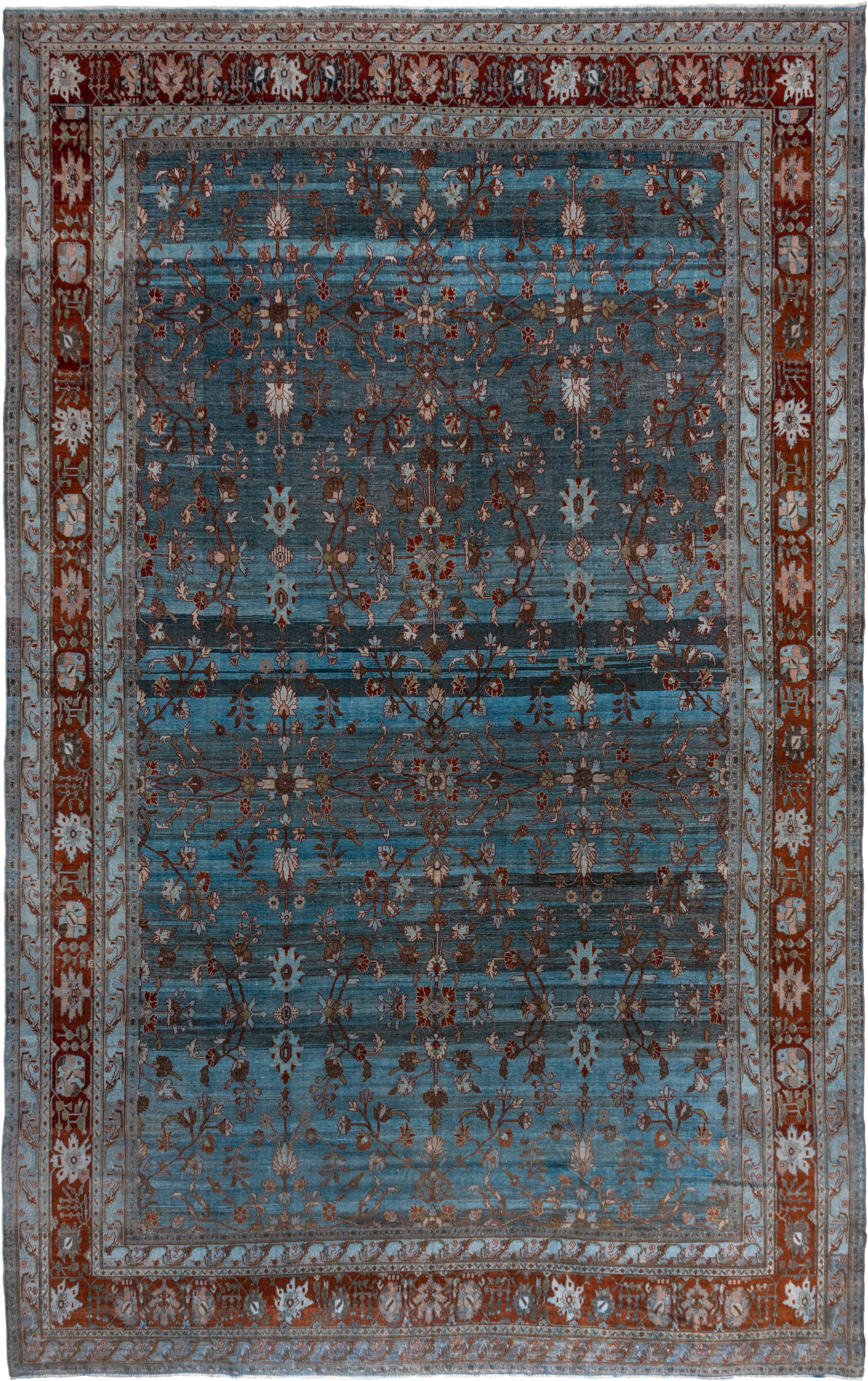 12' x 20' one-of-a-kind handmade vintage Malayer oversize rug. Color palette: blue, rust, ivory, taupe, brown, charcoal