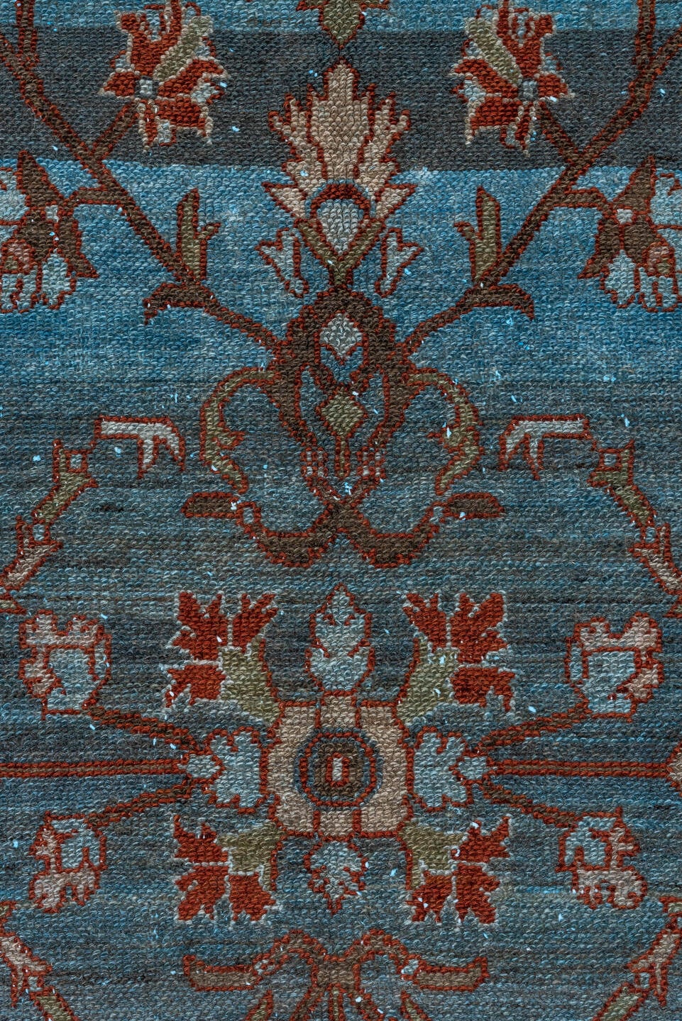 12' x 20' one-of-a-kind handmade vintage Malayer oversize rug. Color palette: blue, rust, ivory, taupe, brown, charcoal