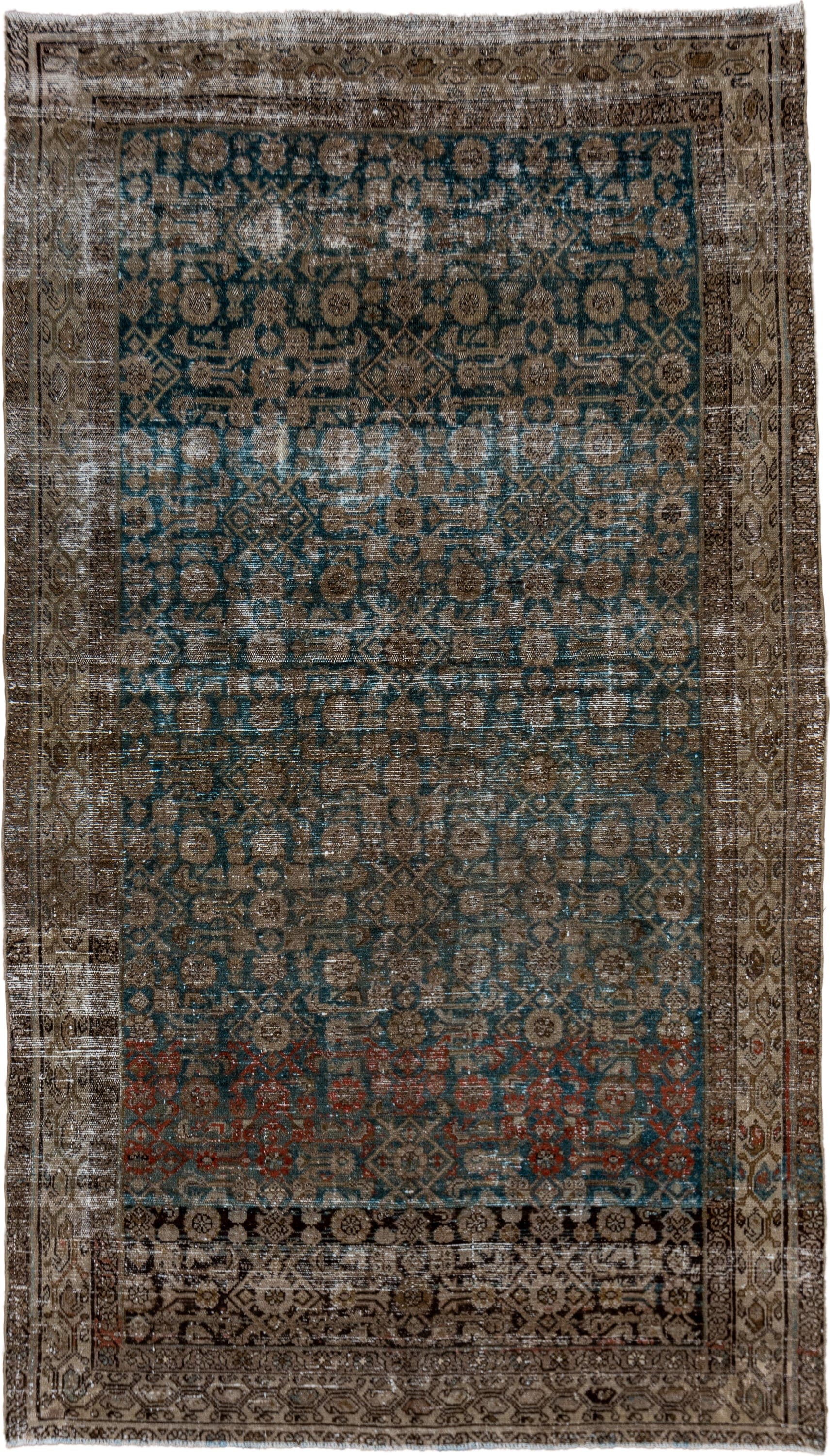 5' x 9' one-of-a-kind handmade vintage Malayer medium size rug. Color palette: taupe, teal, brown, ivory, charcoal, rust