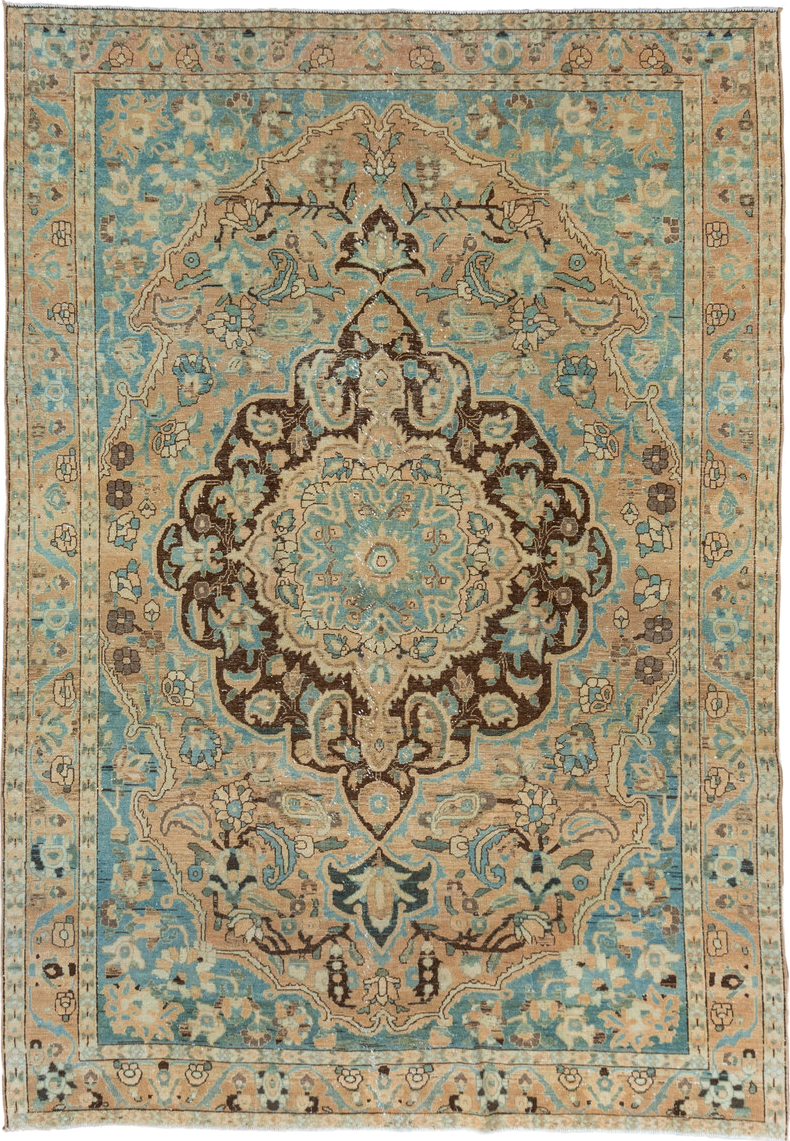 6' x 10' one-of-a-kind handmade vintage Baktiary large size rug. Color palette: beige, aqua, ivory, brown, taupe, charcoal