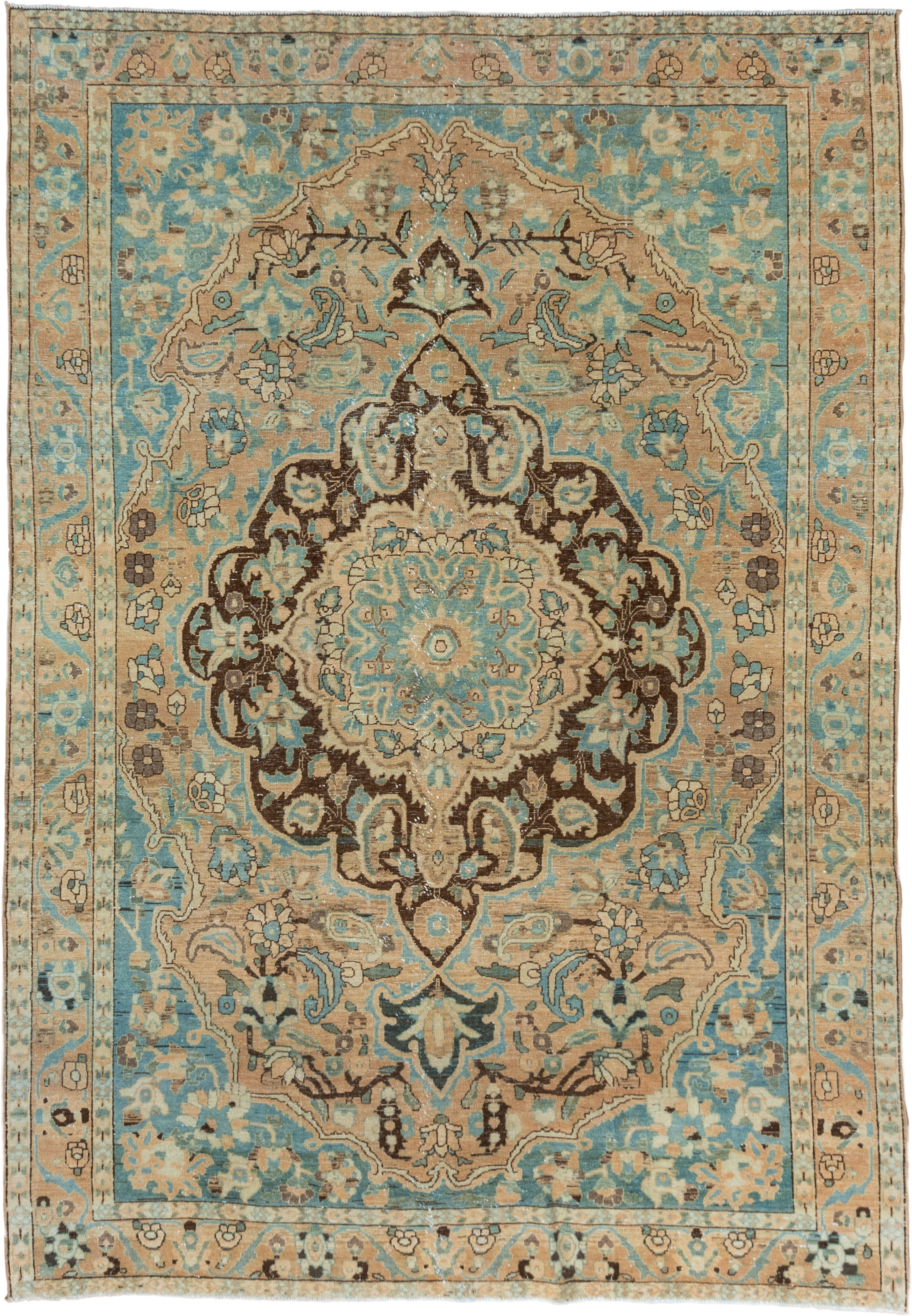 6' x 10' one-of-a-kind handmade vintage Baktiary large size rug. Color palette: beige, aqua, ivory, brown, taupe, charcoal