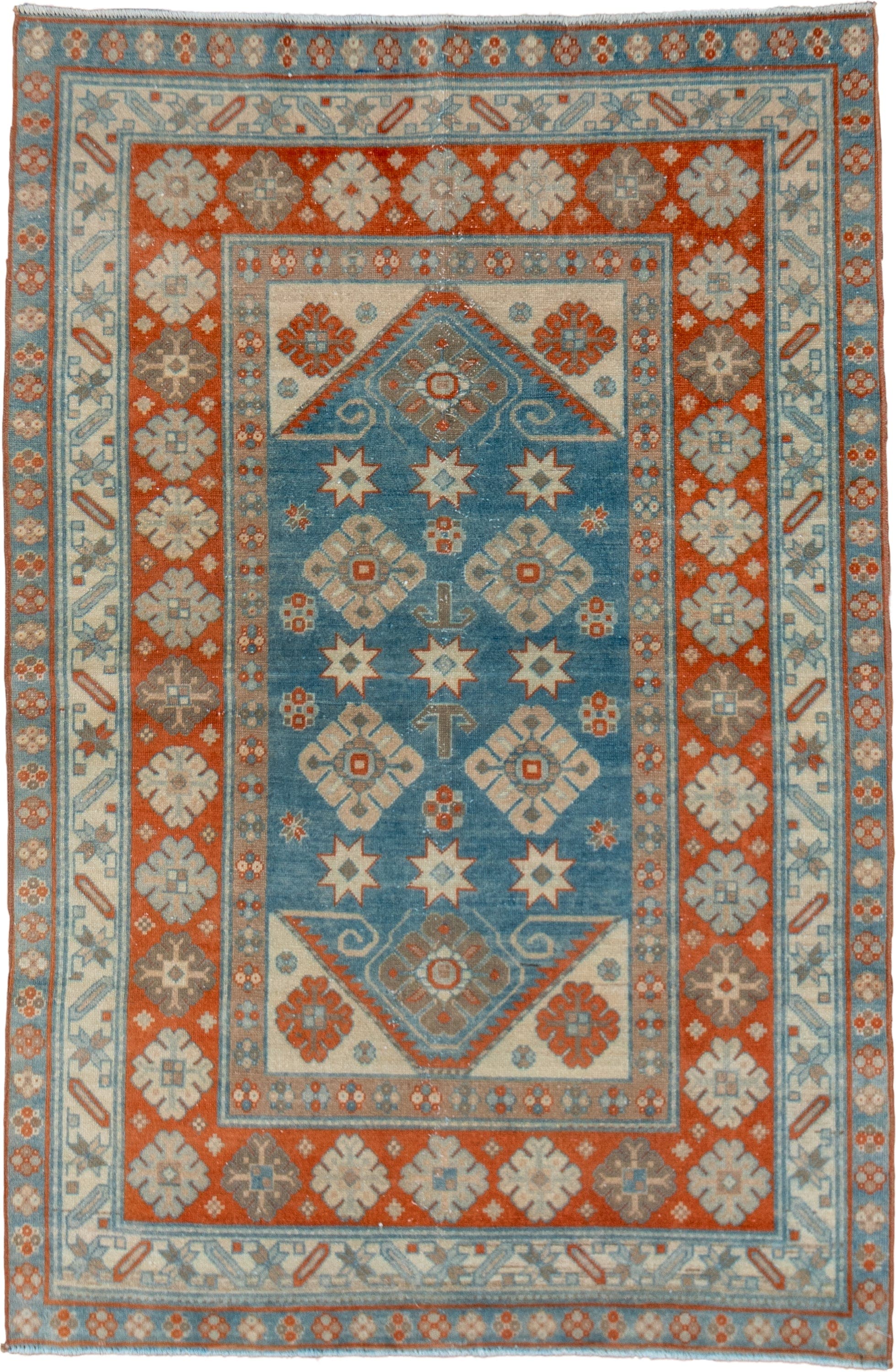 3' x 5' one-of-a-kind handmade vintage Shirvan small size rug. Color palette: sky blue, rust, ivory, light blue, taupe